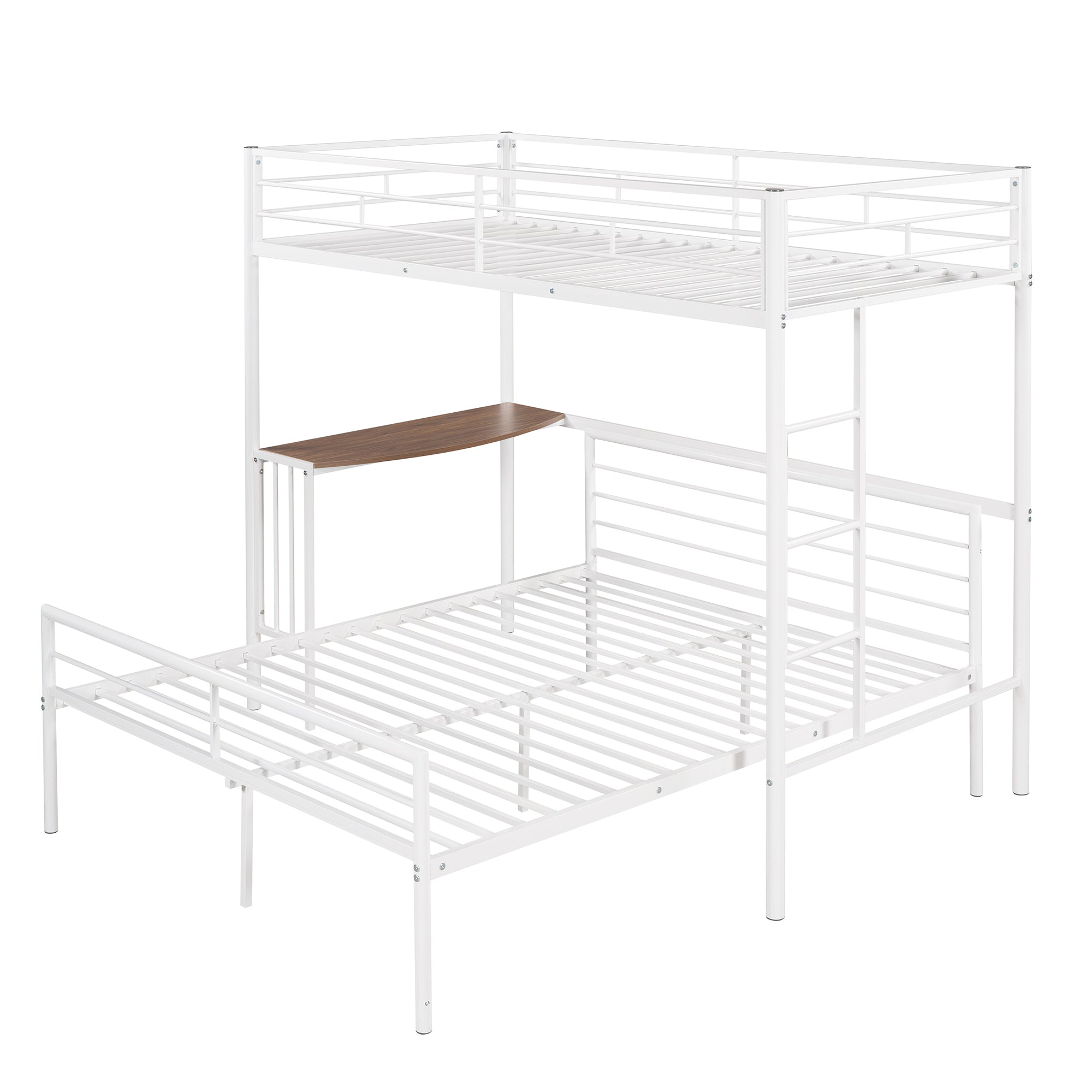 Twin Over Full Metal Bunk Bed with Desk, Ladder and Quality Slats for Bedroom, Metallic  White（OLD SKU :LP000092AAK）