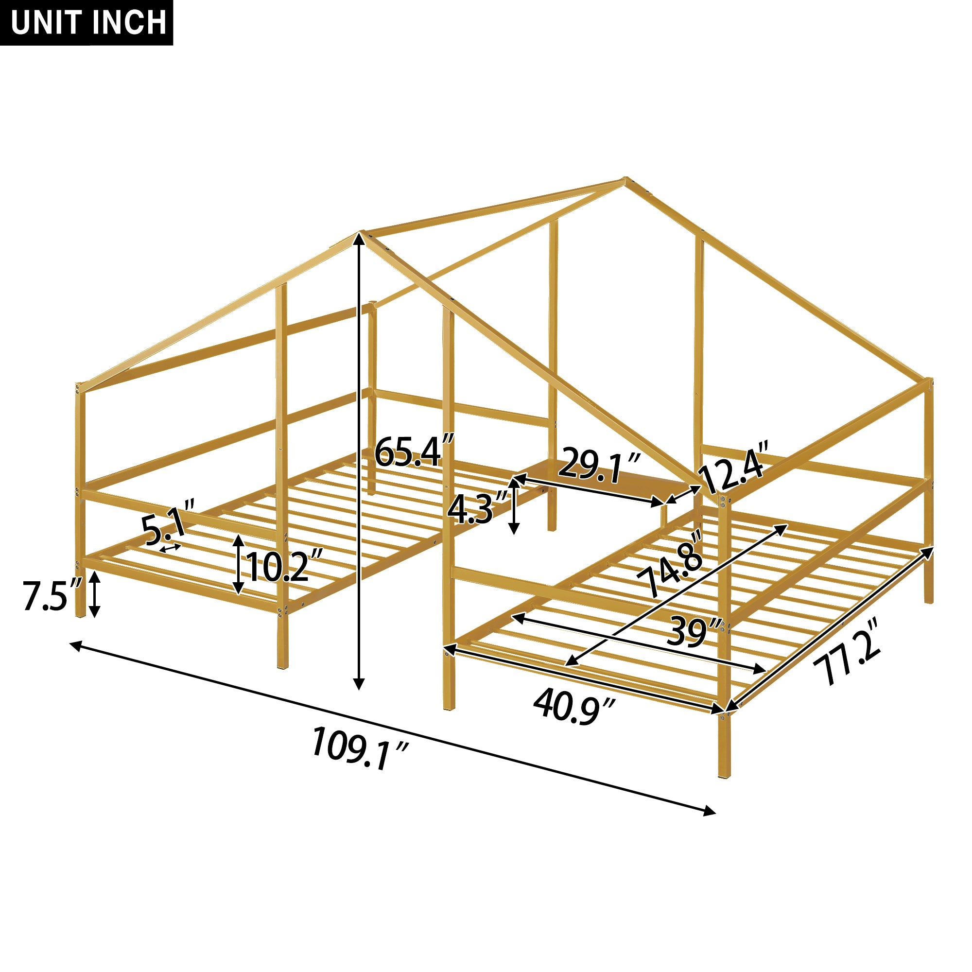 Metal Double Twin Size Triangular House Beds with Built-in Table, Gold