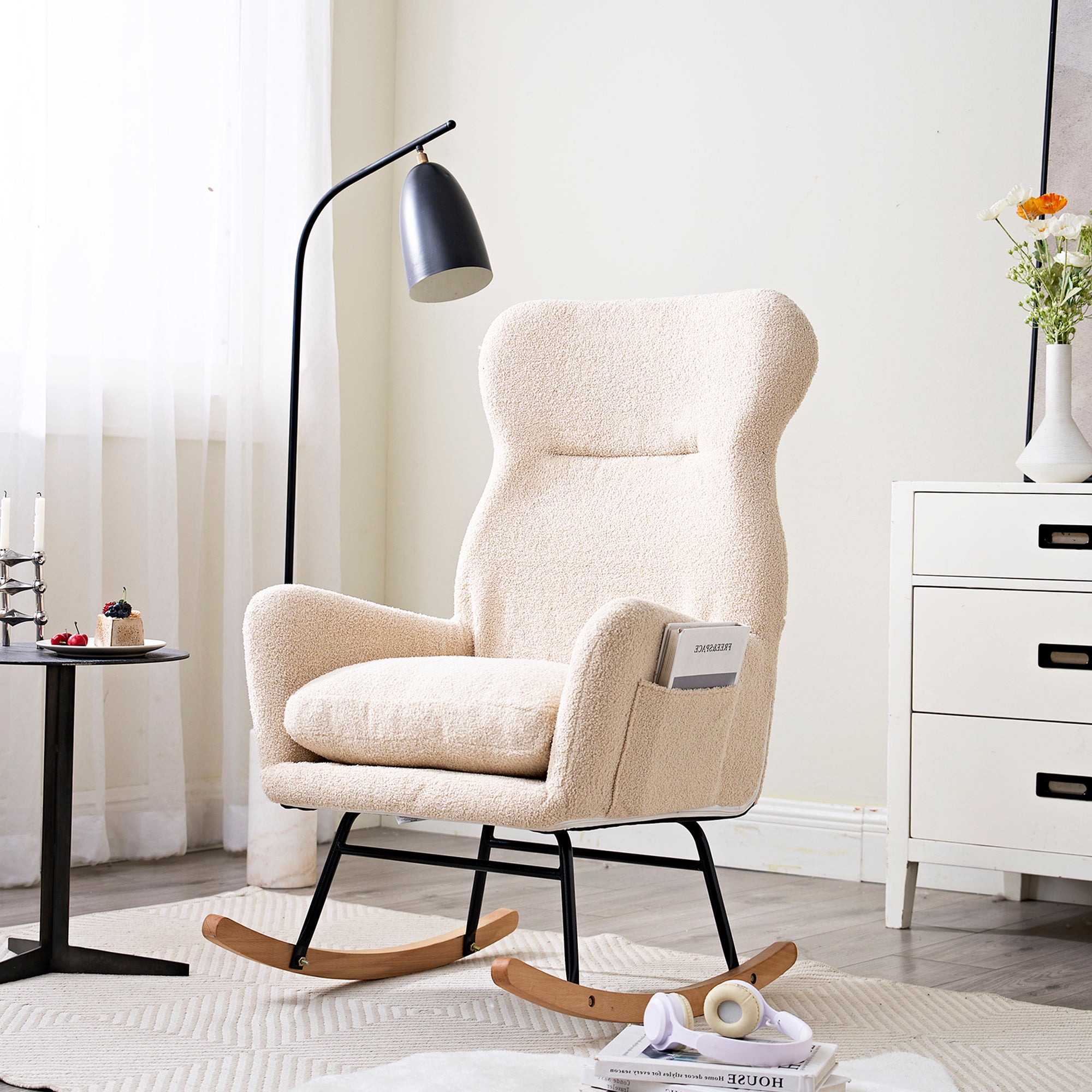 Modern Rocking Chair with High Backrest,Teddy Material Comfort Arm Rocker, Lounge Armchair for Living Room