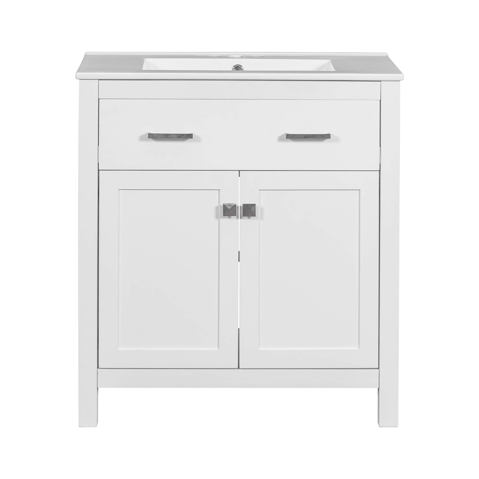 30-inch Bathroom Vanity with Ceramic Sink, Modern White Single Bathroom Cabinet with 2 Doors and a Shelf, Soft Close Doors