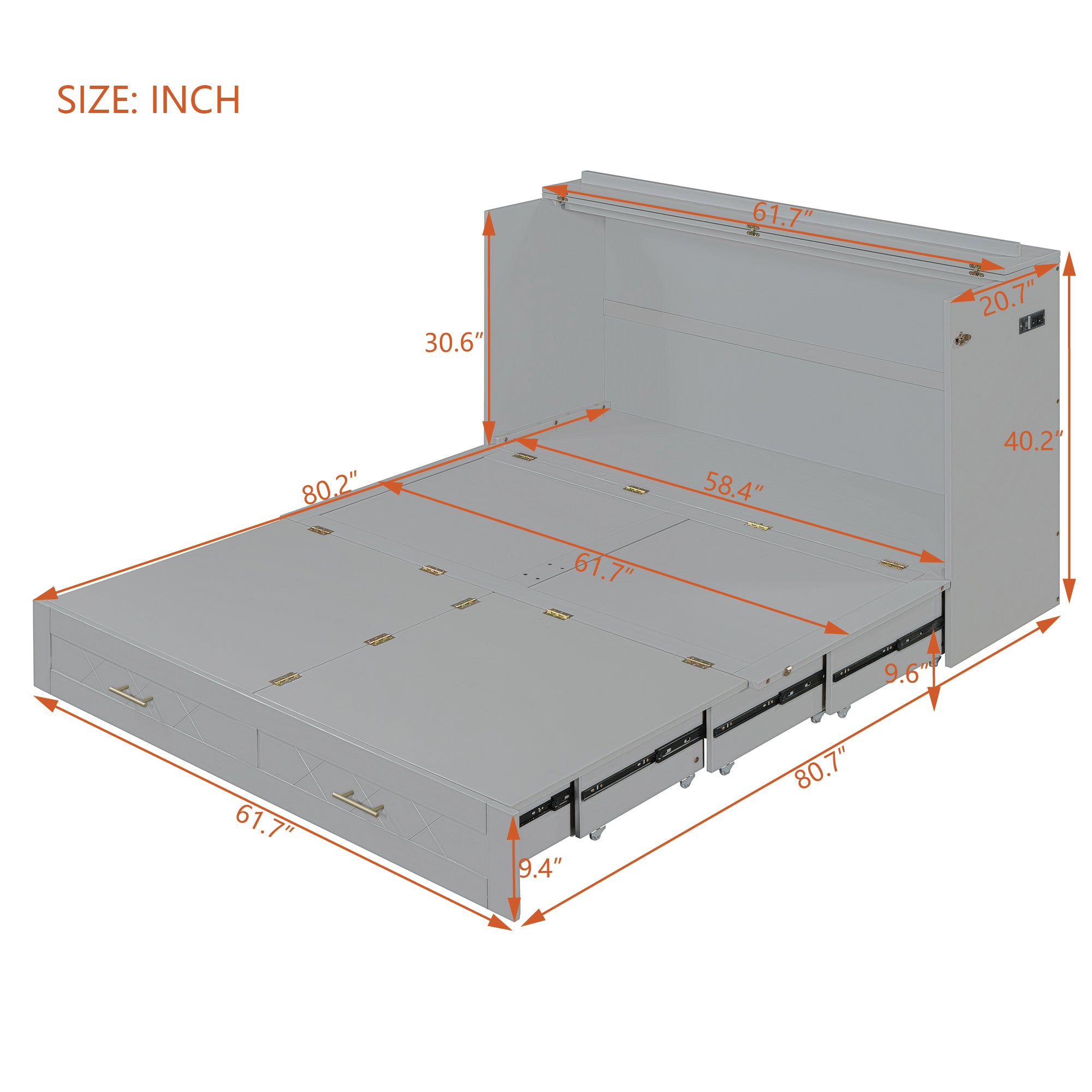 Queen Size Murphy Bed Wall Bed with drawer and a set of Sockets & USB Ports, Pulley Structure Design, Gray