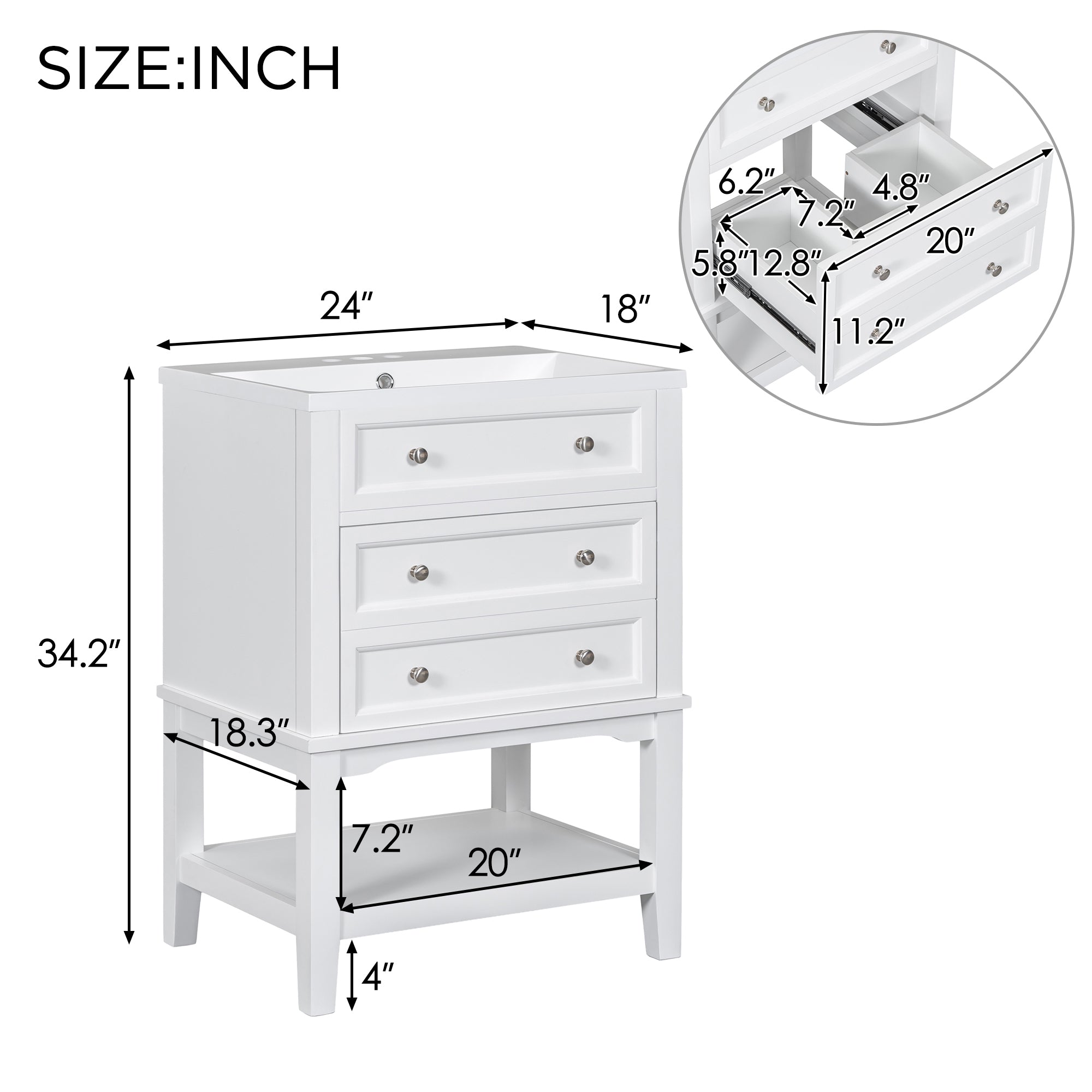 24" Bathroom Vanity With Sink, Bathroom Storage Cabinet with Drawer and Open Shelf, Solid Wood Frame, White