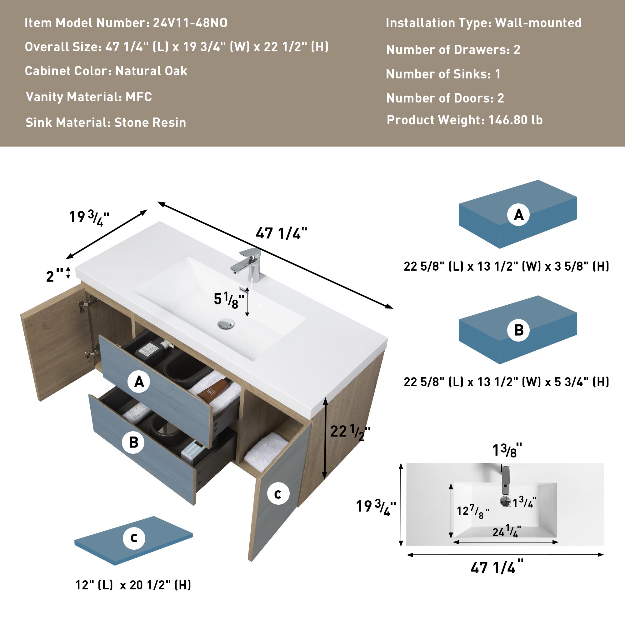 48" Floating Bathroom Vanity with Sink, Modern Wall-Mounted Bathroom Storage Vanity Cabinet with Resin Top Basin and Soft Close Drawers, Natural Oak 24V11-48NO