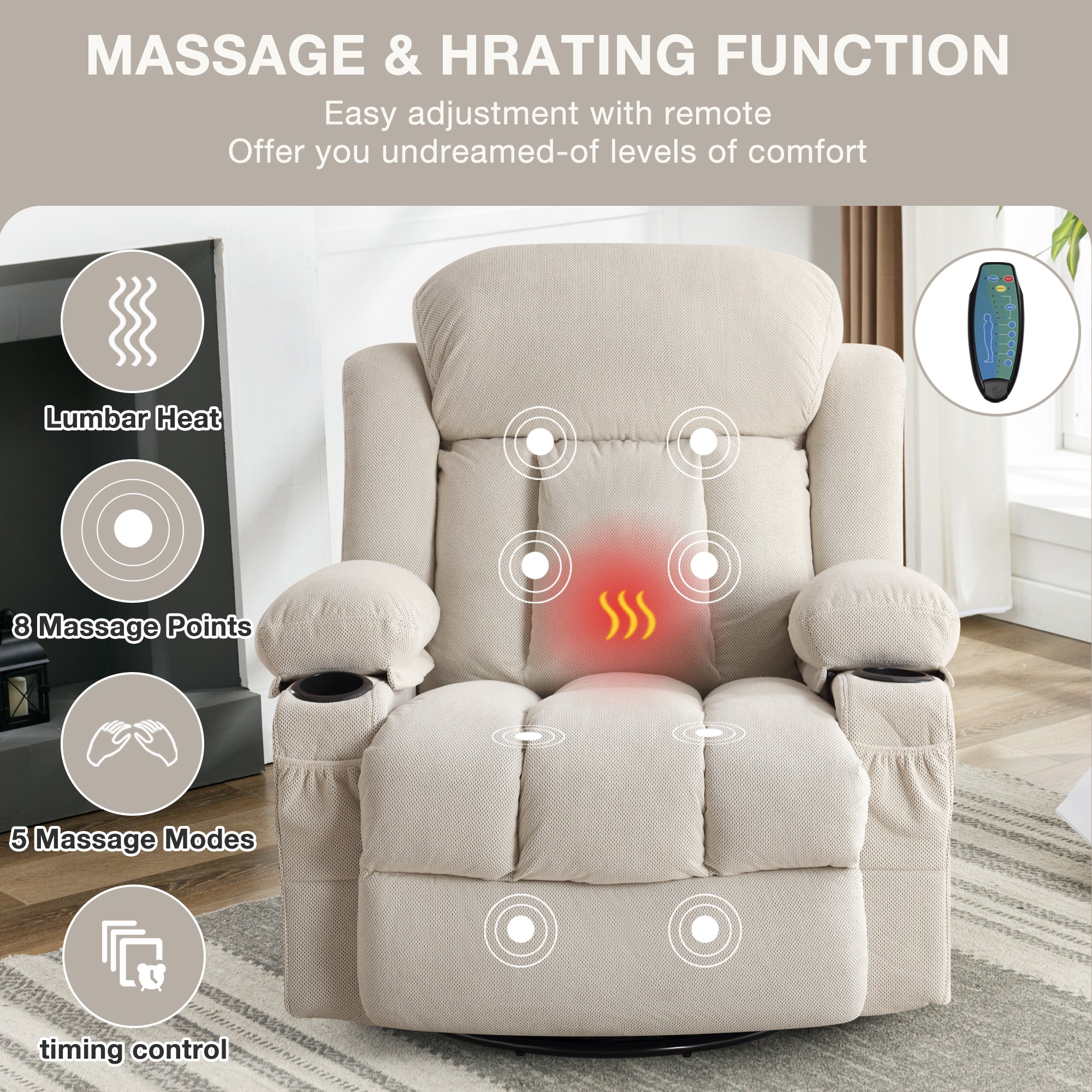 Swinging recliner massage heated sofa, with USB and 2 cup holders in side pockets, PackageA+B (BEIGE )