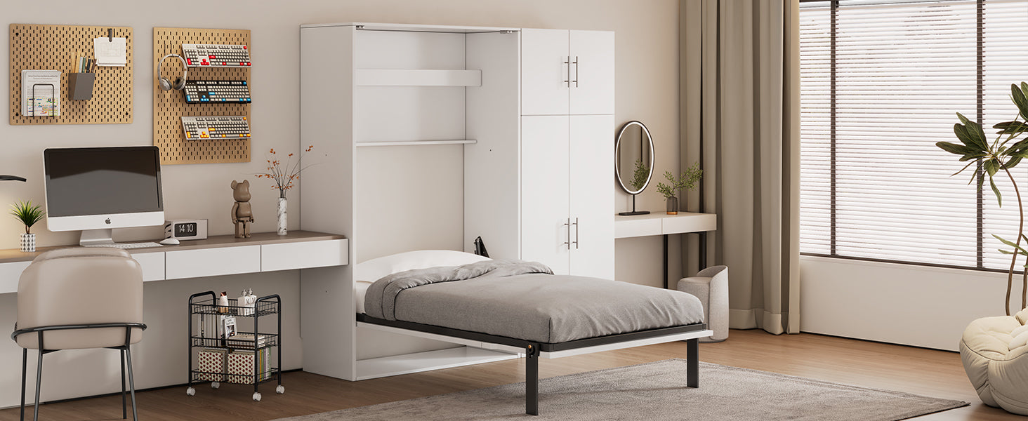 Twin Size Murphy Bed with Lockers and Wardrobes, White