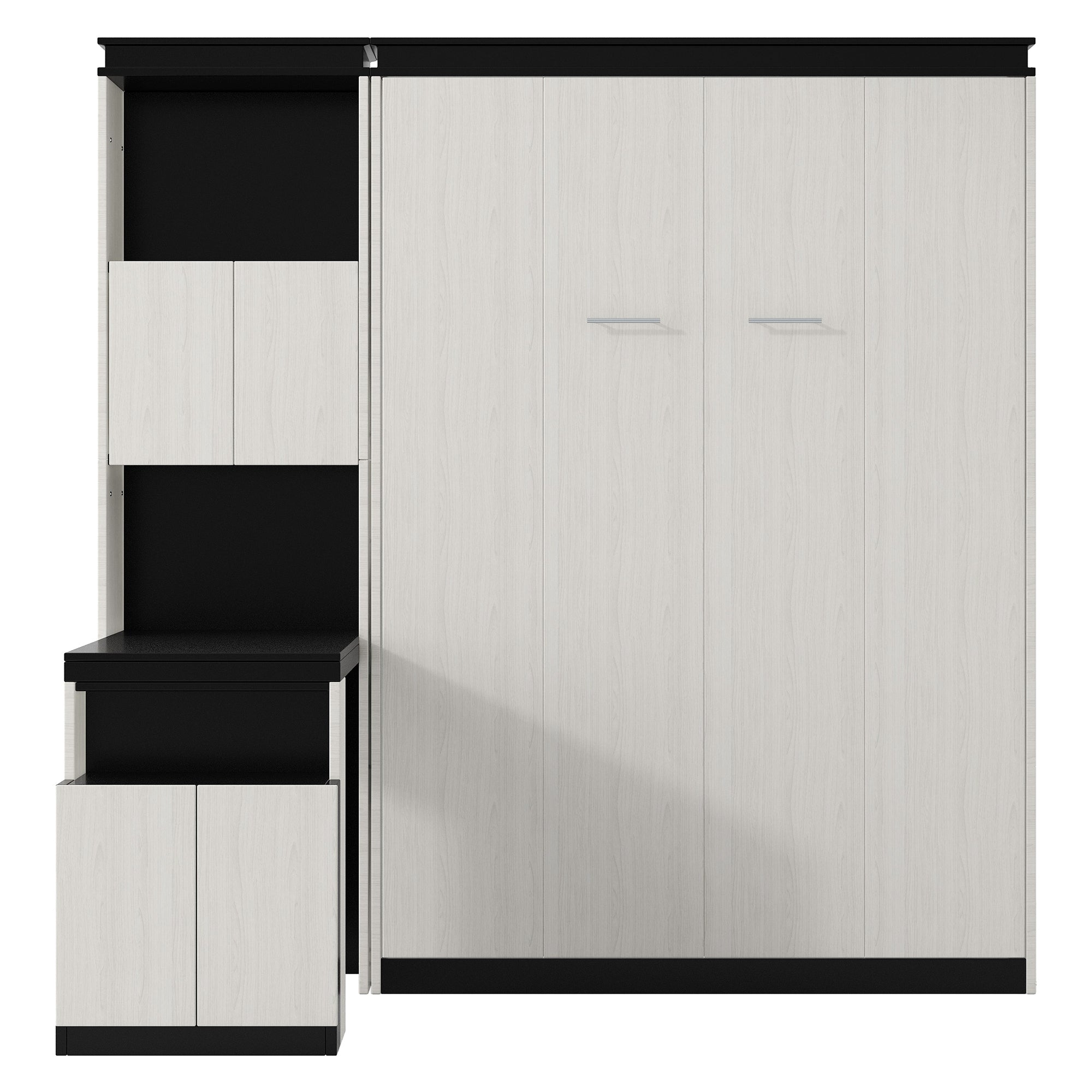 Full Size Murphy Bed with Desk and Storage Shelves and  Cabinets, Black+White