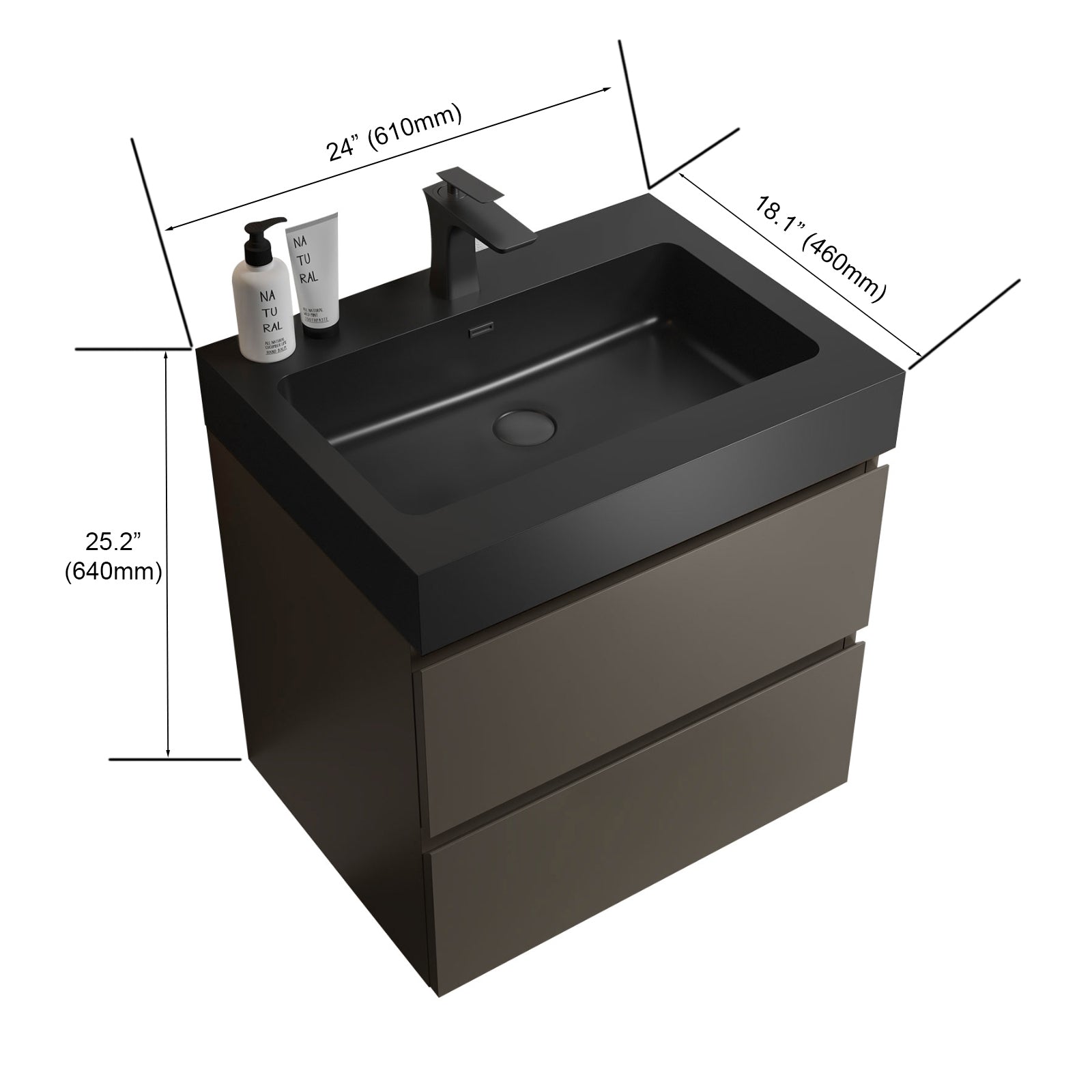 Alice 24" Gray Bathroom Vanity with Sink, Large Storage Wall Mounted Floating Bathroom Vanity for Modern Bathroom, One-Piece Black Sink Basin without Drain and Faucet, Pre-assembled