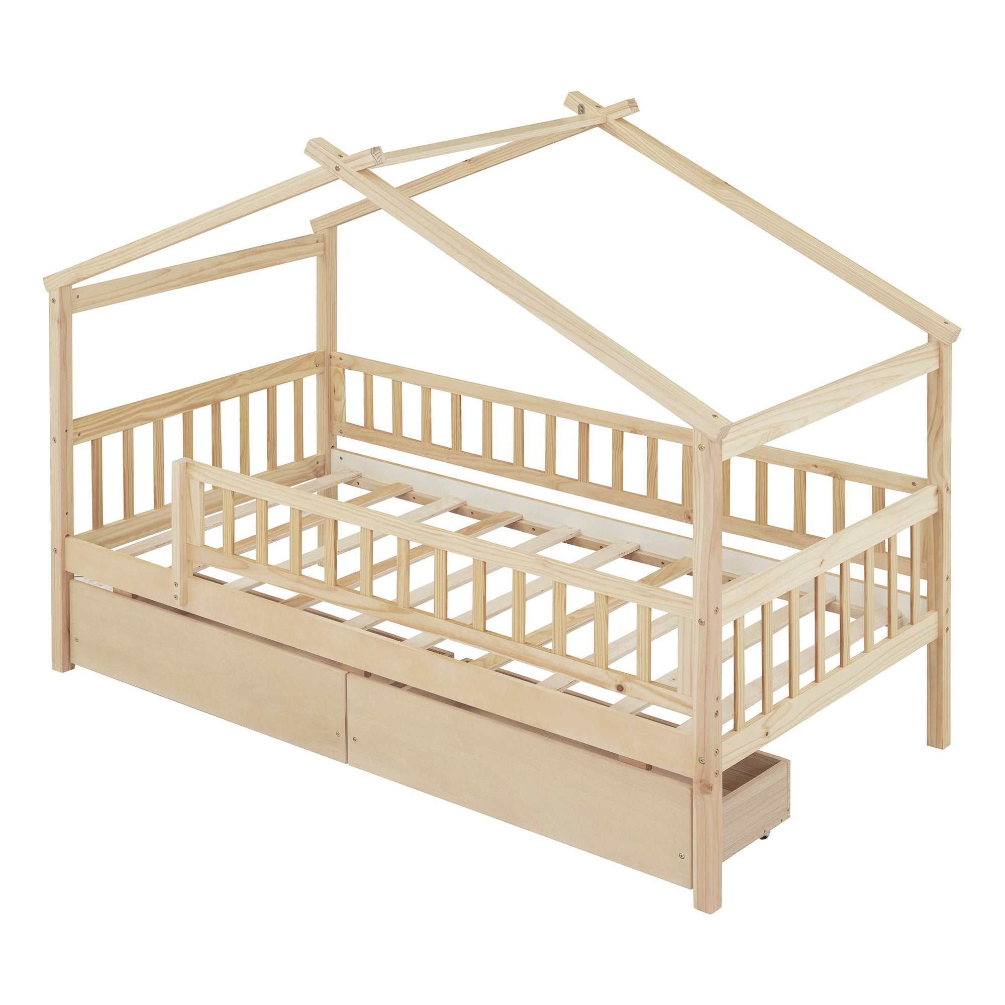 Twin Size Wooden House Bed with Two Drawers, Natural