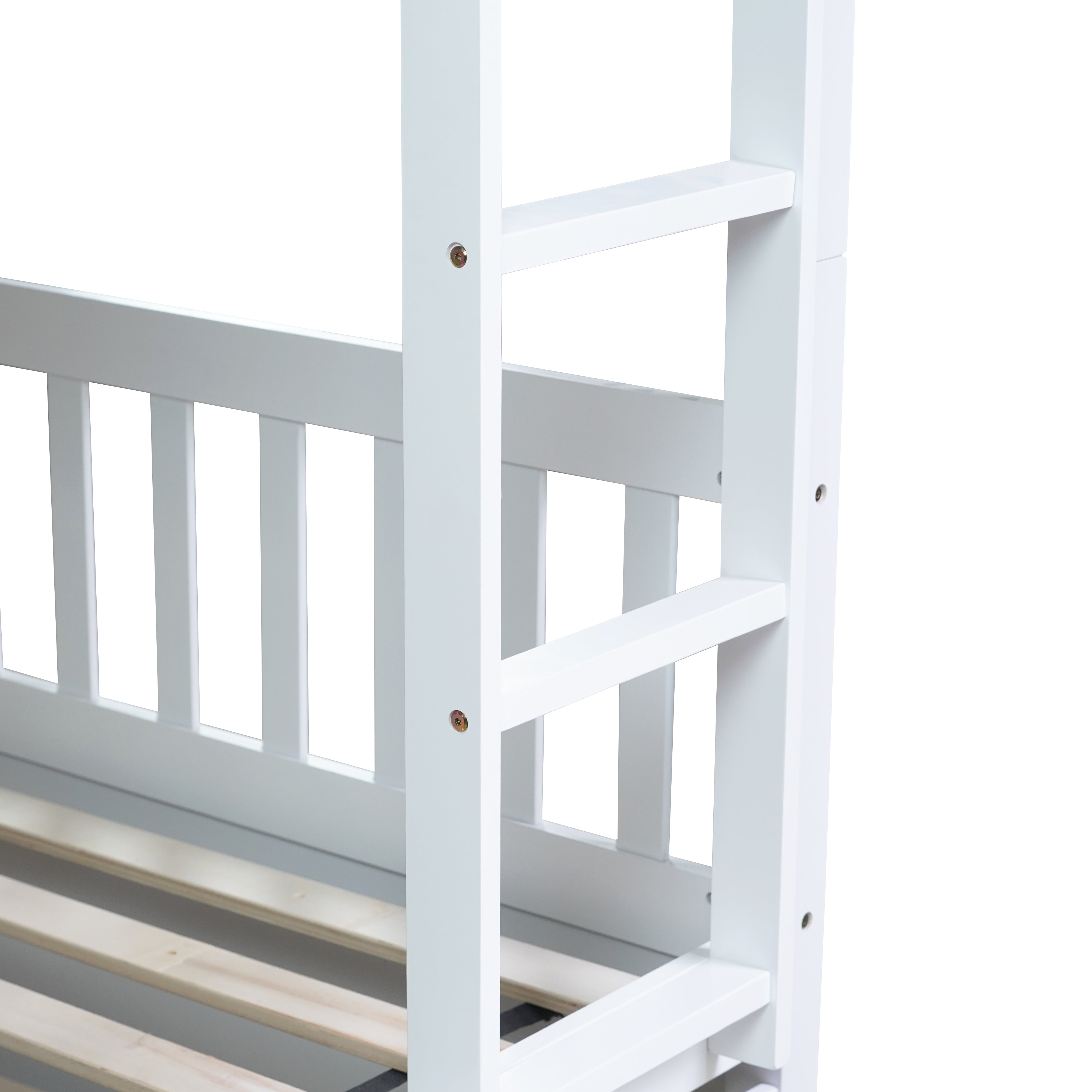 White full over full bunk bed converted to two separate full-size beds
