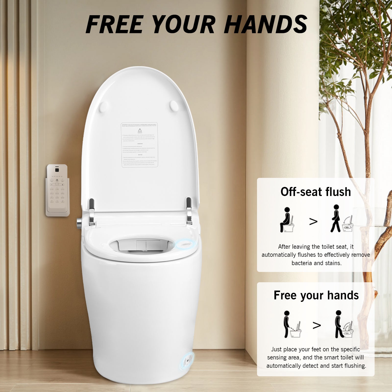 Smart Toilet Bidet Combo with Foot Sensor Open Cover/Seat, LED Display, Self-Cleaning Nozzle, Heated Seat, Night Light, Knob Control, Power Outage Flushing, Soft Close, Auto Flush, with Remote Control