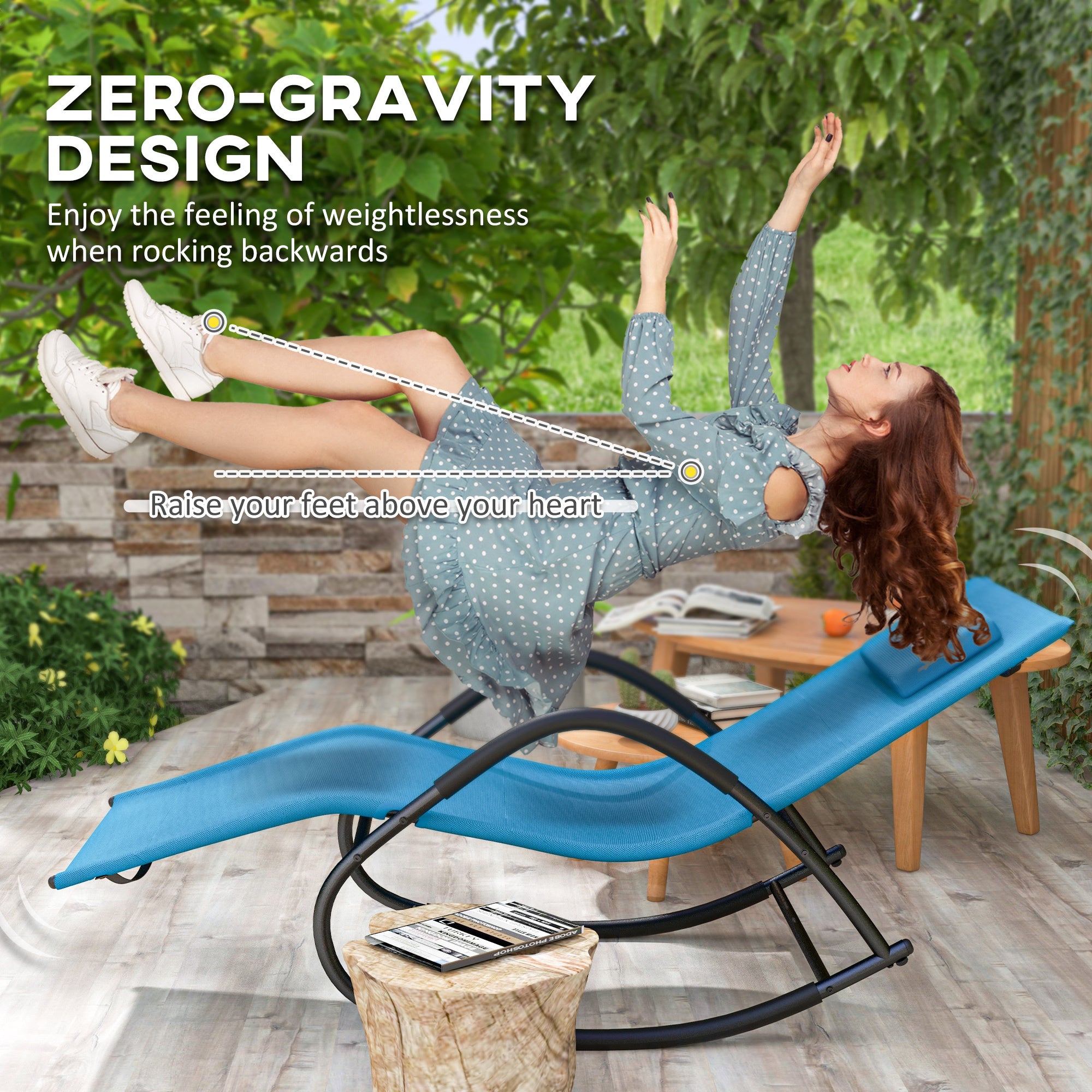 Outsunny Rocking Chair, Zero Gravity Patio Chaise Sun Lounger, Outdoor Rocker, UV Water Resistant, Pillow for Sunbathing, Lawn, Garden or Pool, Light Blue