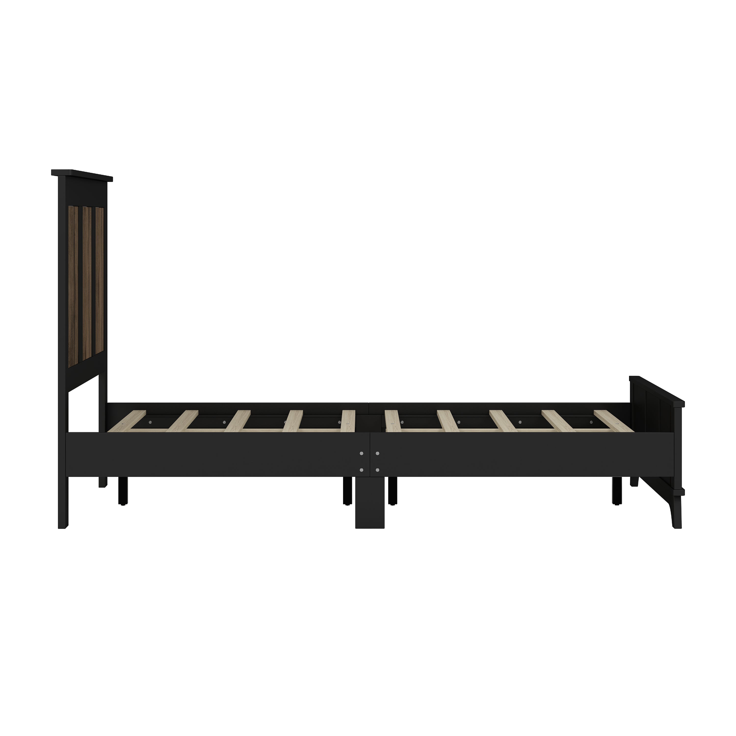 Farmhouse Wooden Platform Queen Size Bed, Modern Platform Bed with Wooden Strip Decoration, Plywood Slats Support, Black