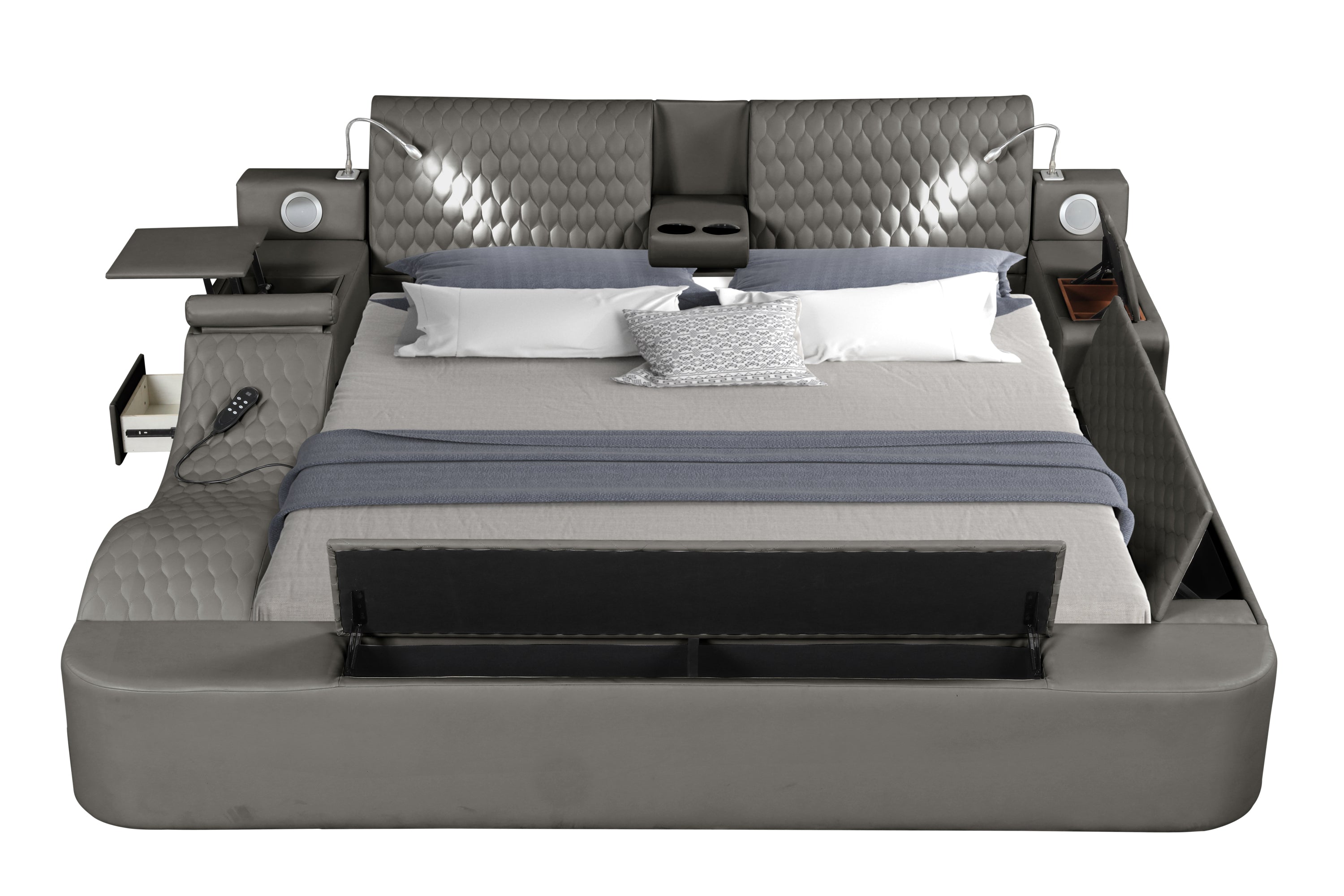 Smart Multifunctional Queen Size Bed Made with Wood in Gray