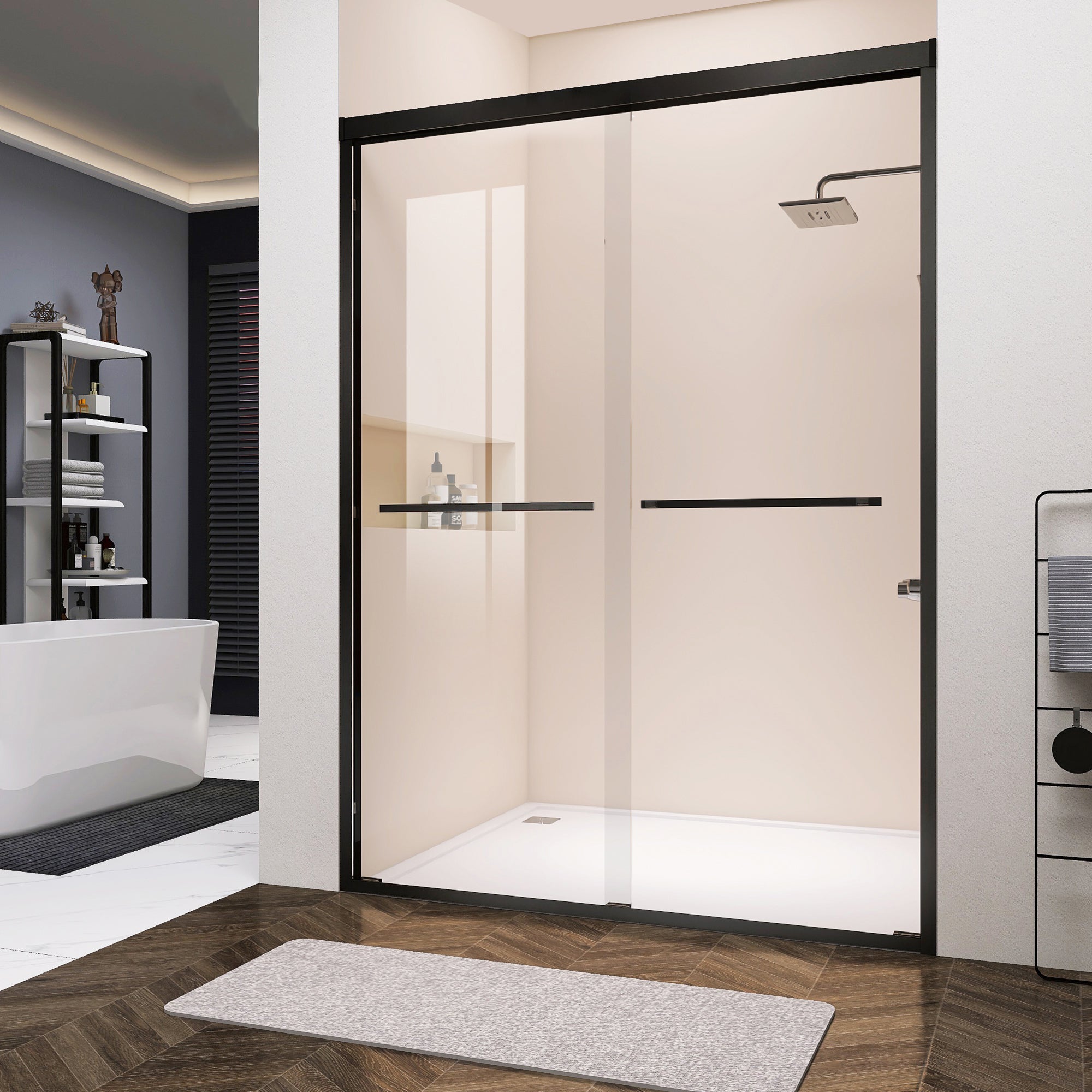 60"W x 76"H Sliding Framed Shower Door in Black Finish with Clear Glass