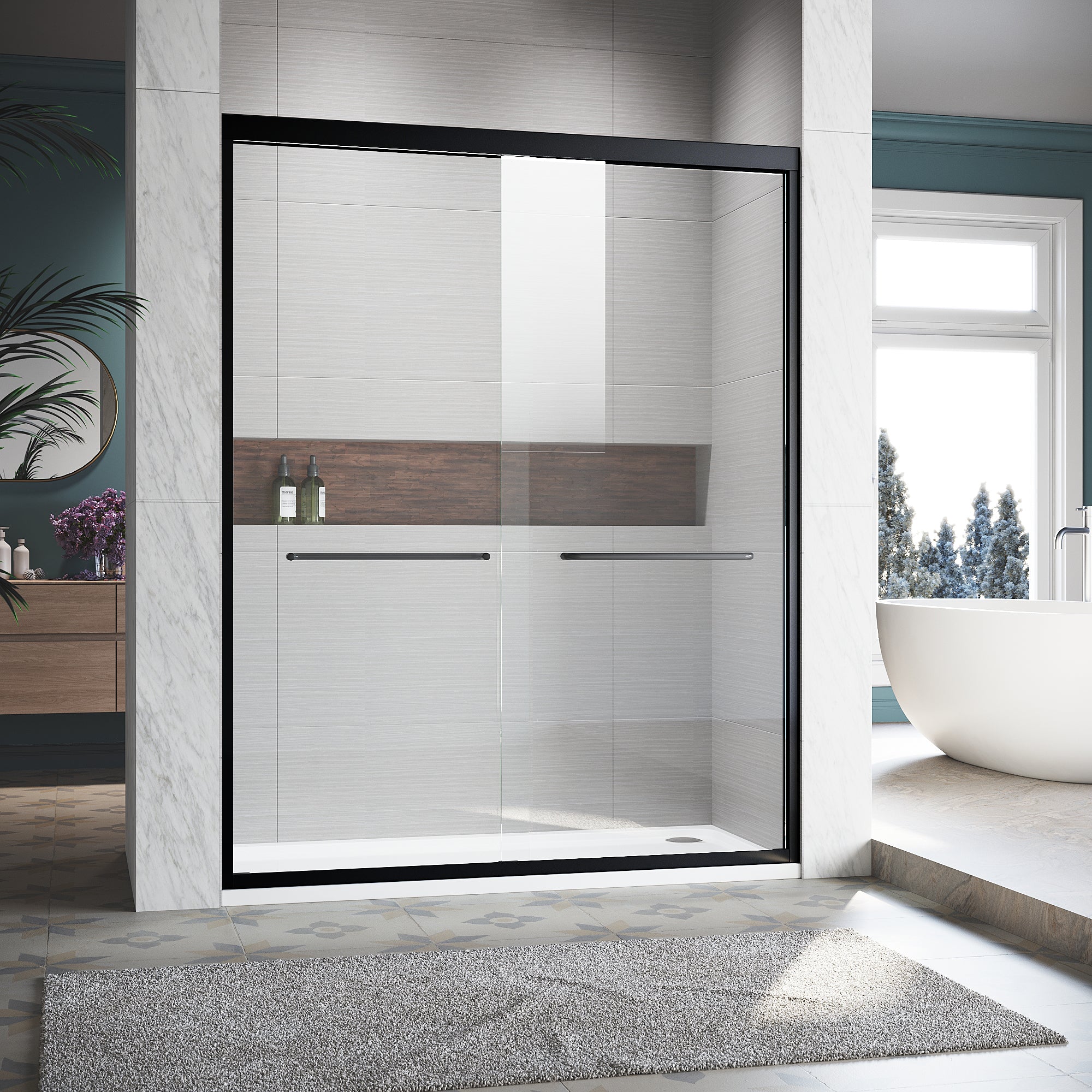 Sliding Shower Glass Door 50-54"W x 72"H, Adjustable Semi Frameless Shower Door, Certified Thick Clear Clear Tempered Glass, 304 Stainless Steel Handles, Black Finish