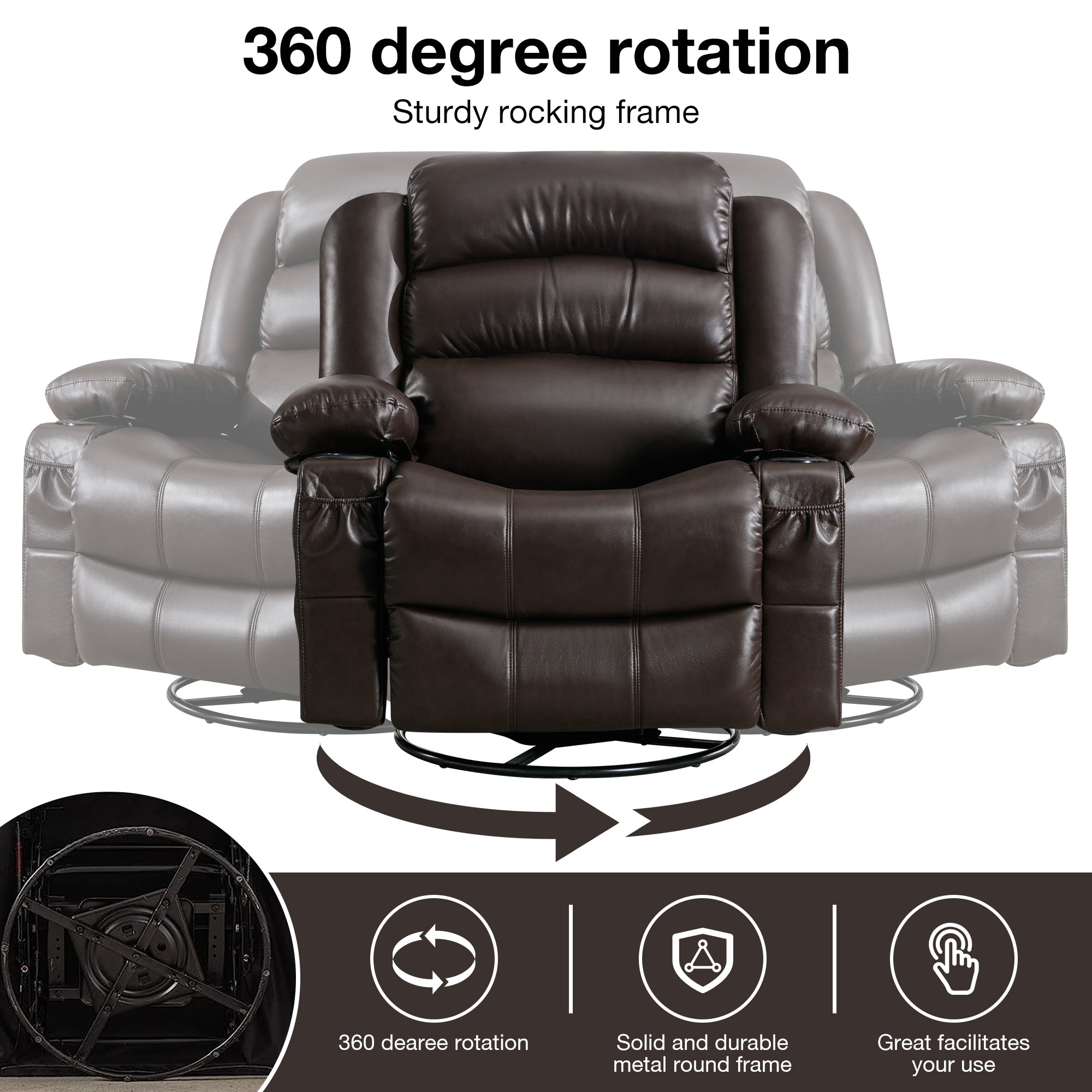 Massage Swivel Rocker Recliner Chair with Vibration Massage and Heat Ergonomic Lounge Chair for Living Room with Rocking Function and Side Pocket   2 Cup Holders USB Charge Port ,BROWN