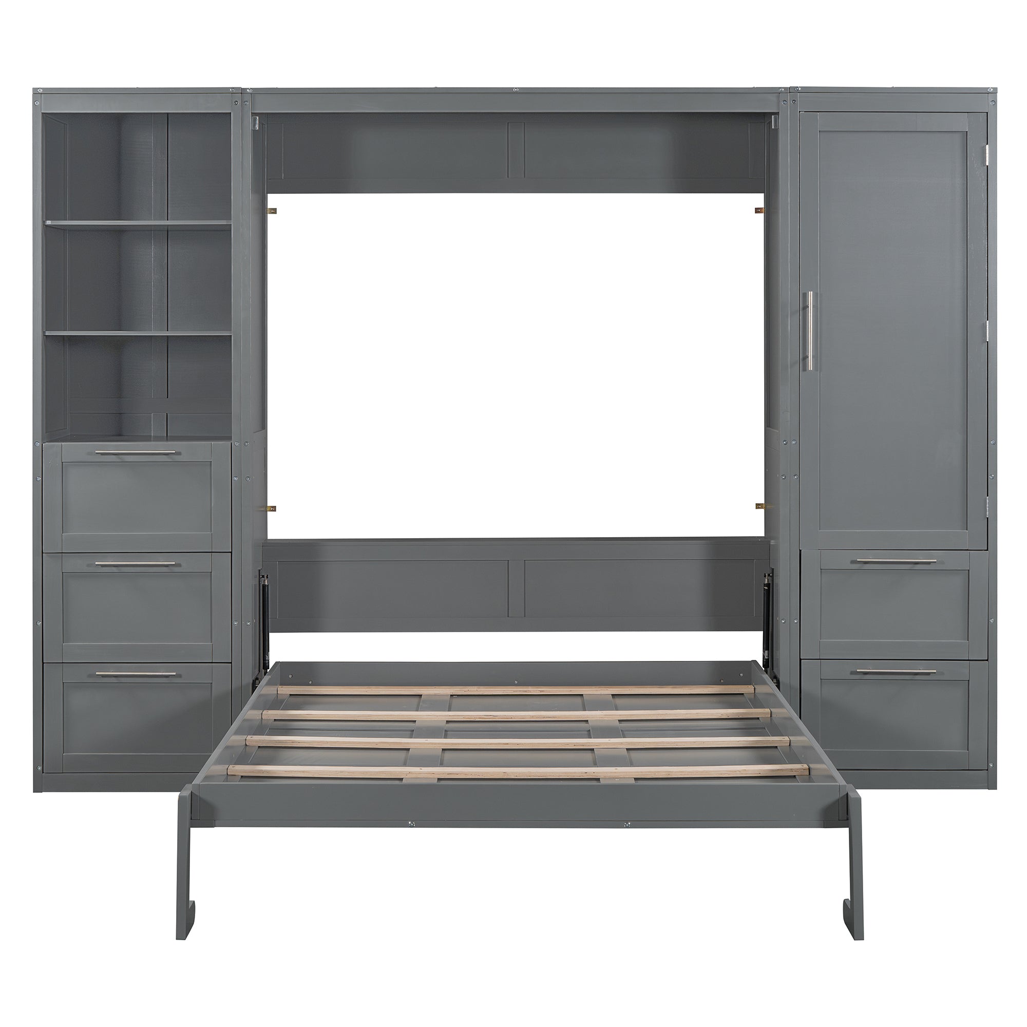 Queen Size Murphy Bed Wall Bed with Closet ,Drawers and Shelves,Gray