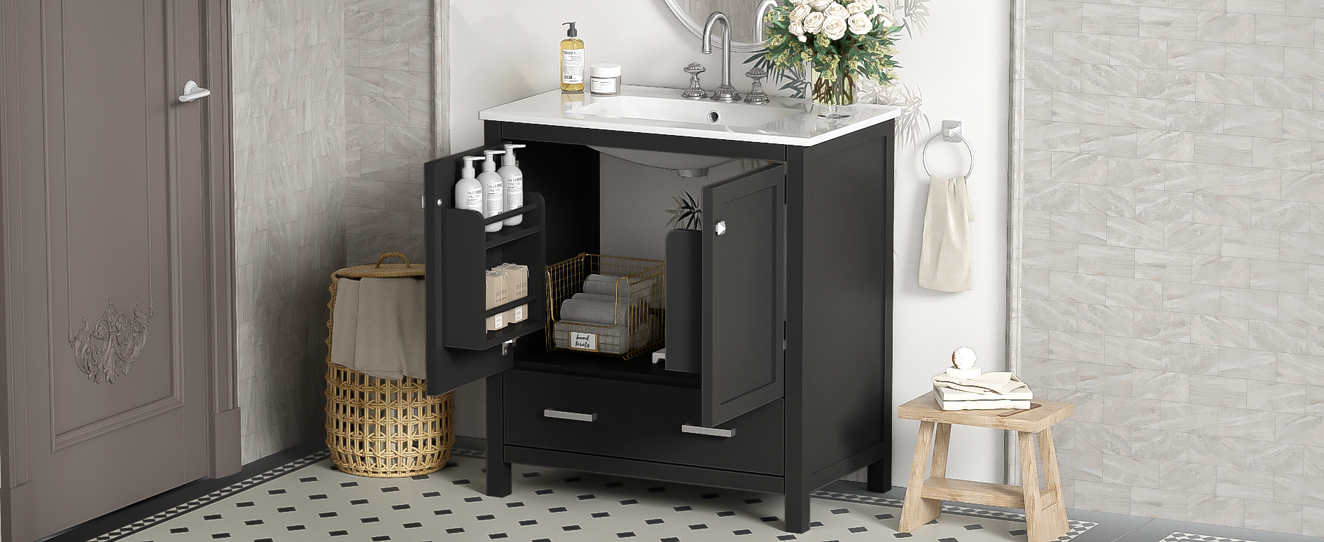 30" Black Bathroom Vanity with Single Sink, Combo Cabinet Undermount Sink, Bathroom Storage Cabinet with 2 Doors and a Drawer, Soft Closing, Multifunctional Storage, Solid Wood Frame