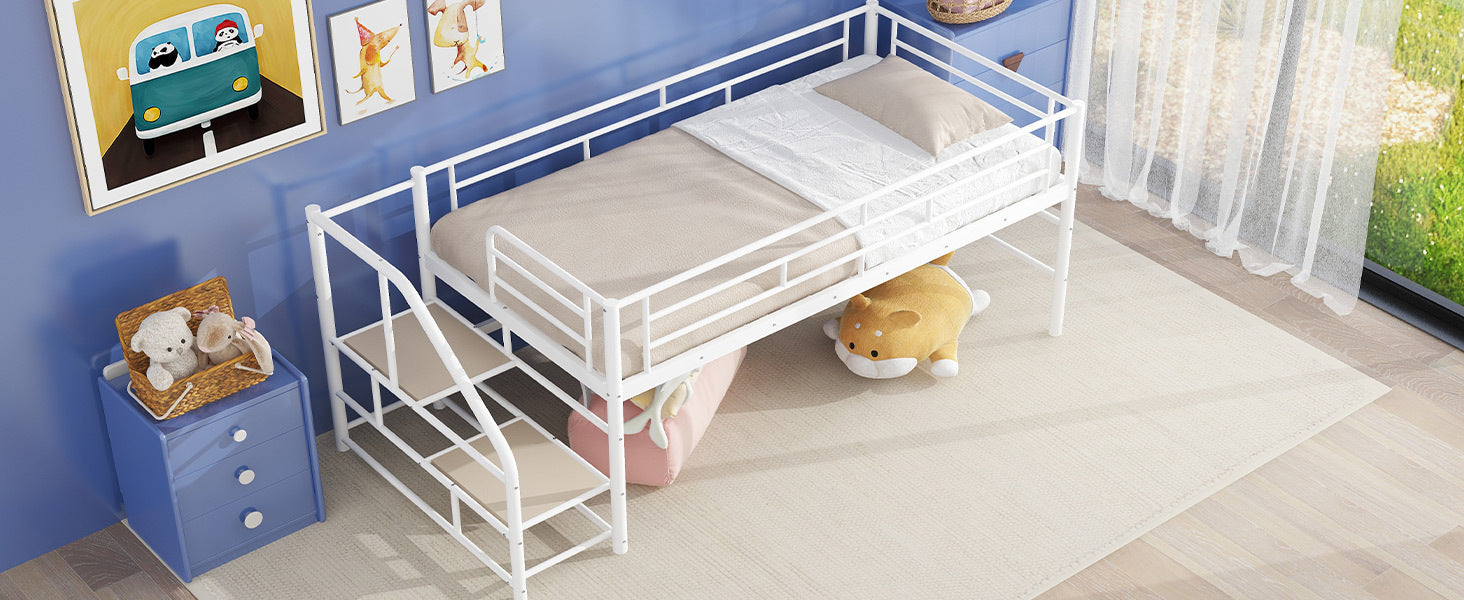 Mid Loft Bed with Storage stairs, Twin, White