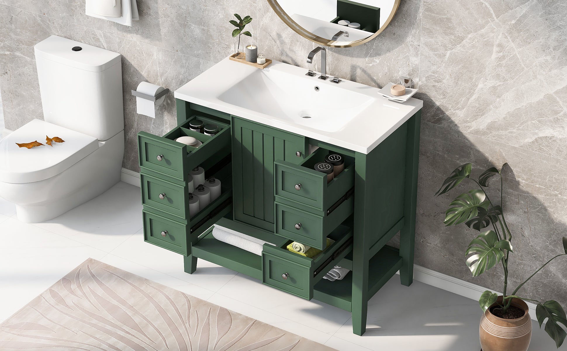 36" Bathroom Vanity with Sink Combo, One Cabinet and Three Drawers, Solid Wood and MDF Board, Green