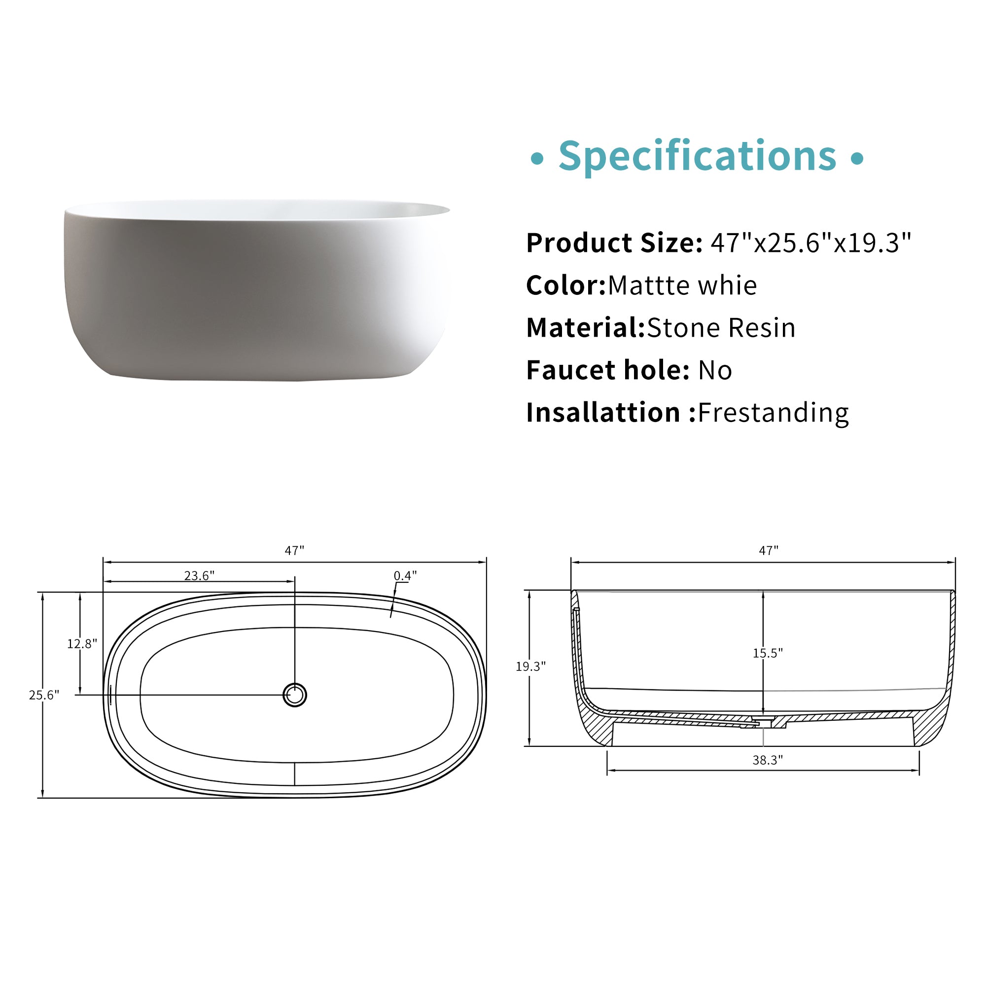 47'' Independent solid surface resin stone bathtub, a modern designed independent bathtub with pop-up drainage and overflow pipes, suitable for small households