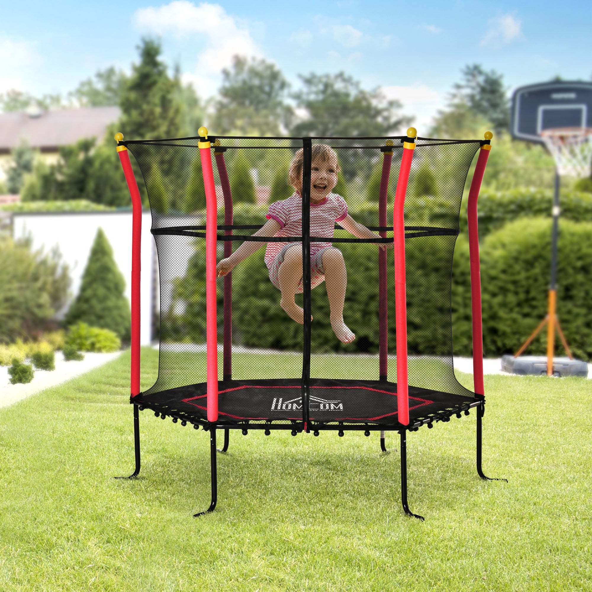 Soozier Trampoline for Kids with Net, Indoor/Outdoor Toddler Trampoline with Safety Enclosure, Birthday Gift for Boys and Girls 3-10 Years, Red