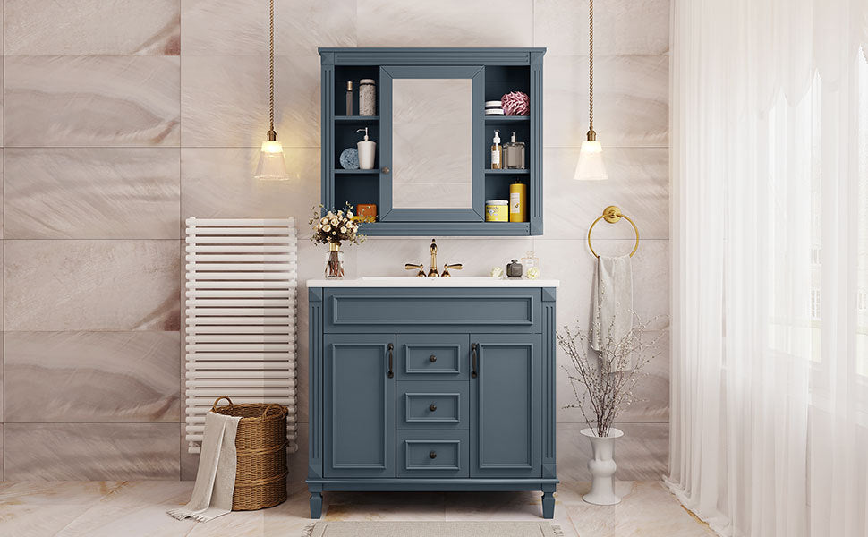 36'' Bathroom Vanity with Top Sink, Royal Blue Mirror Cabinet, Modern Bathroom Storage Cabinet with 2 Soft Closing Doors and 2 Drawers, Single Sink Bathroom Vanity