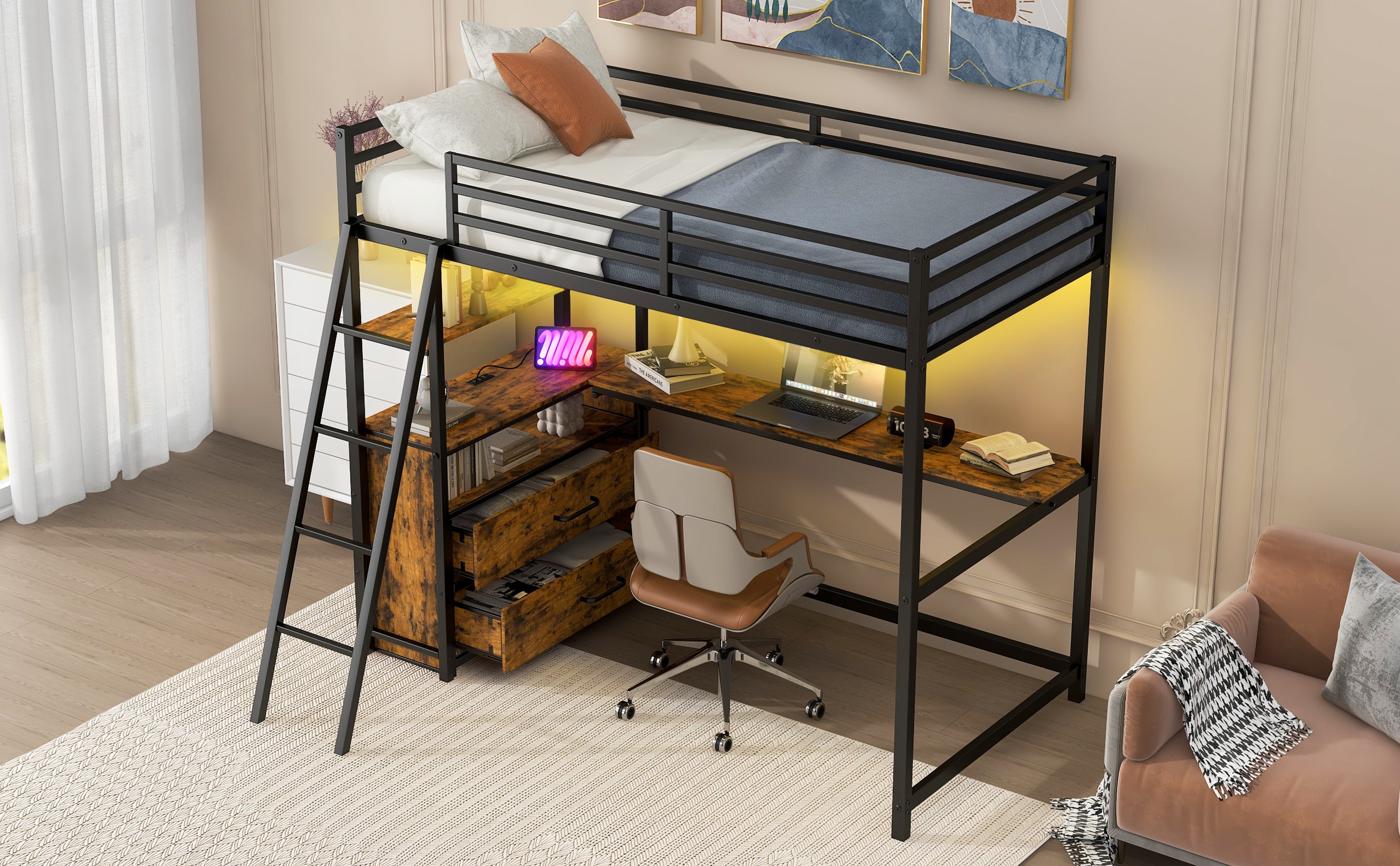 Twin Size Metal&Wood Loft Bed with Desk and Shelves, Two Built-in Drawers, LED Light and USB Charging Station, Black