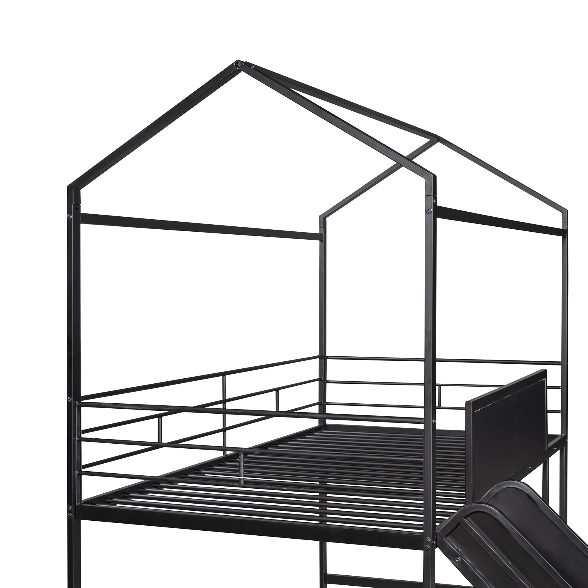 Metal House Bed With Slide, Twin Size Metal Loft Bed with Two-sided writable Wooden Board (Black )