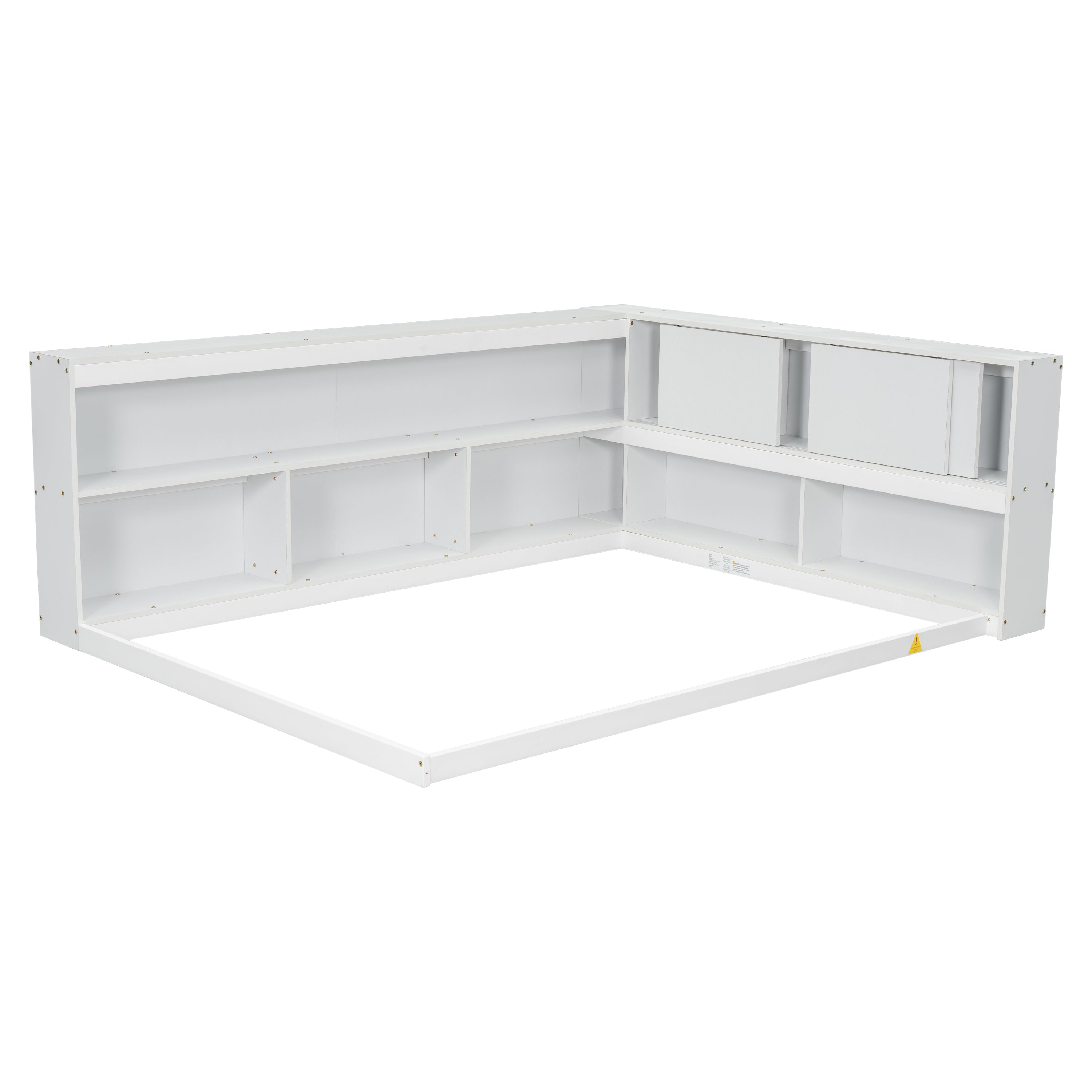 Full Floor Bed with L-shaped Bookcases, sliding doors,without slats,White