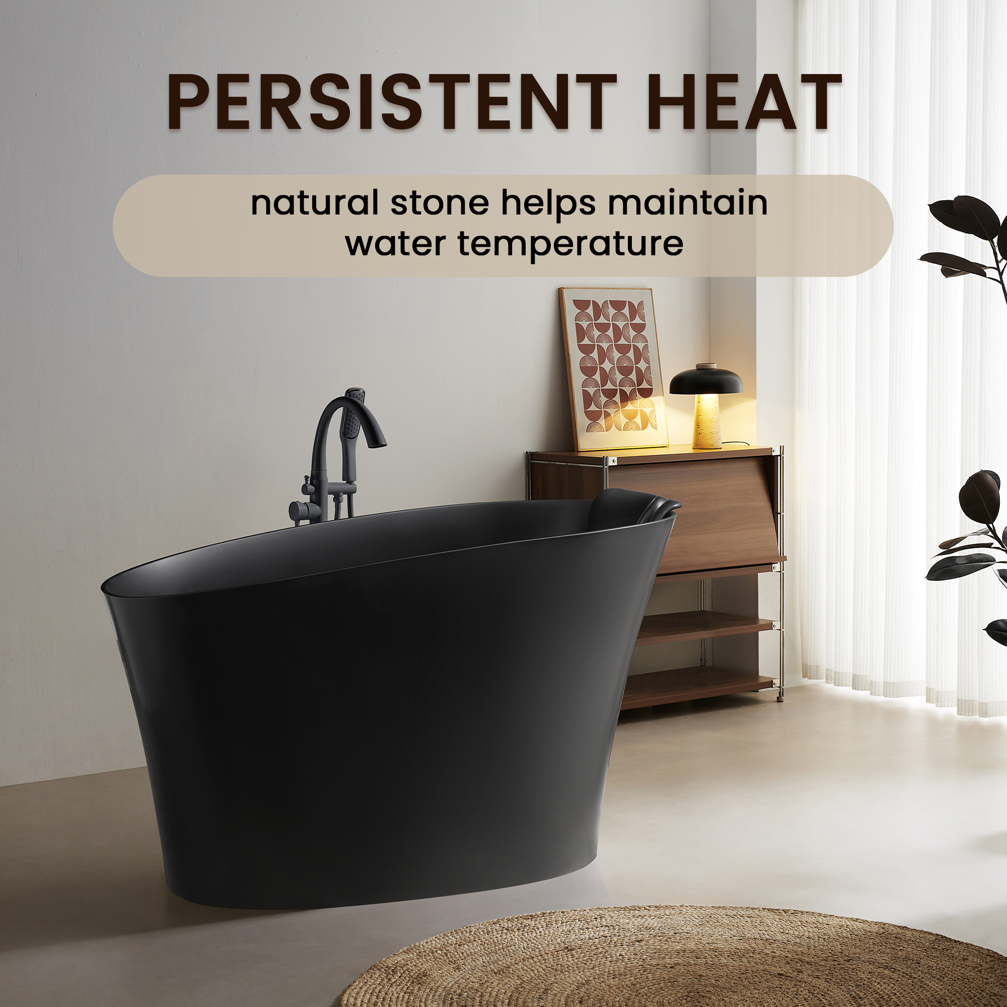 51 inch oval solid surface freestanding black bathtub, styled bathroom view