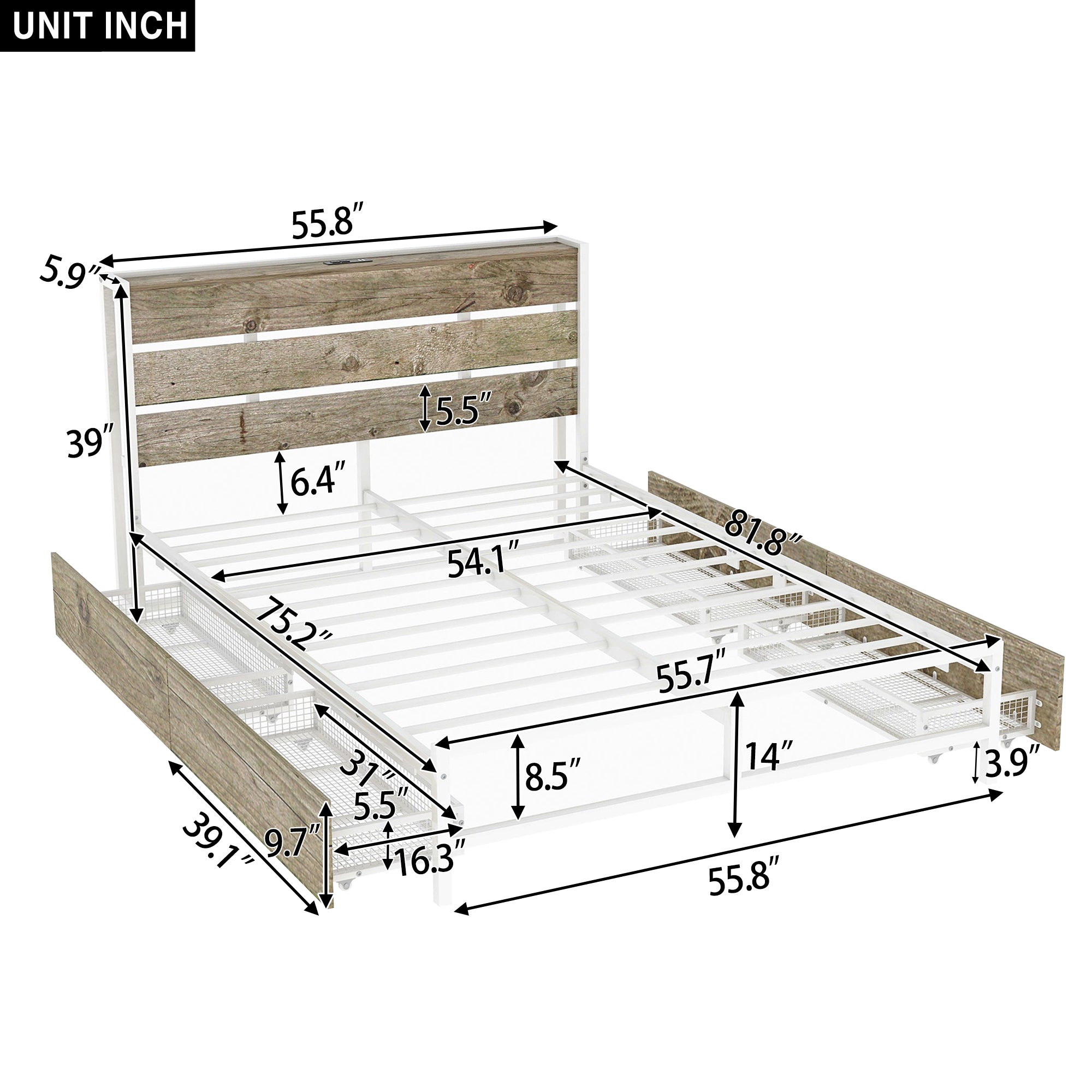 Metal Platform Bed With Four drawers, Sockets and USB Ports, Full, White