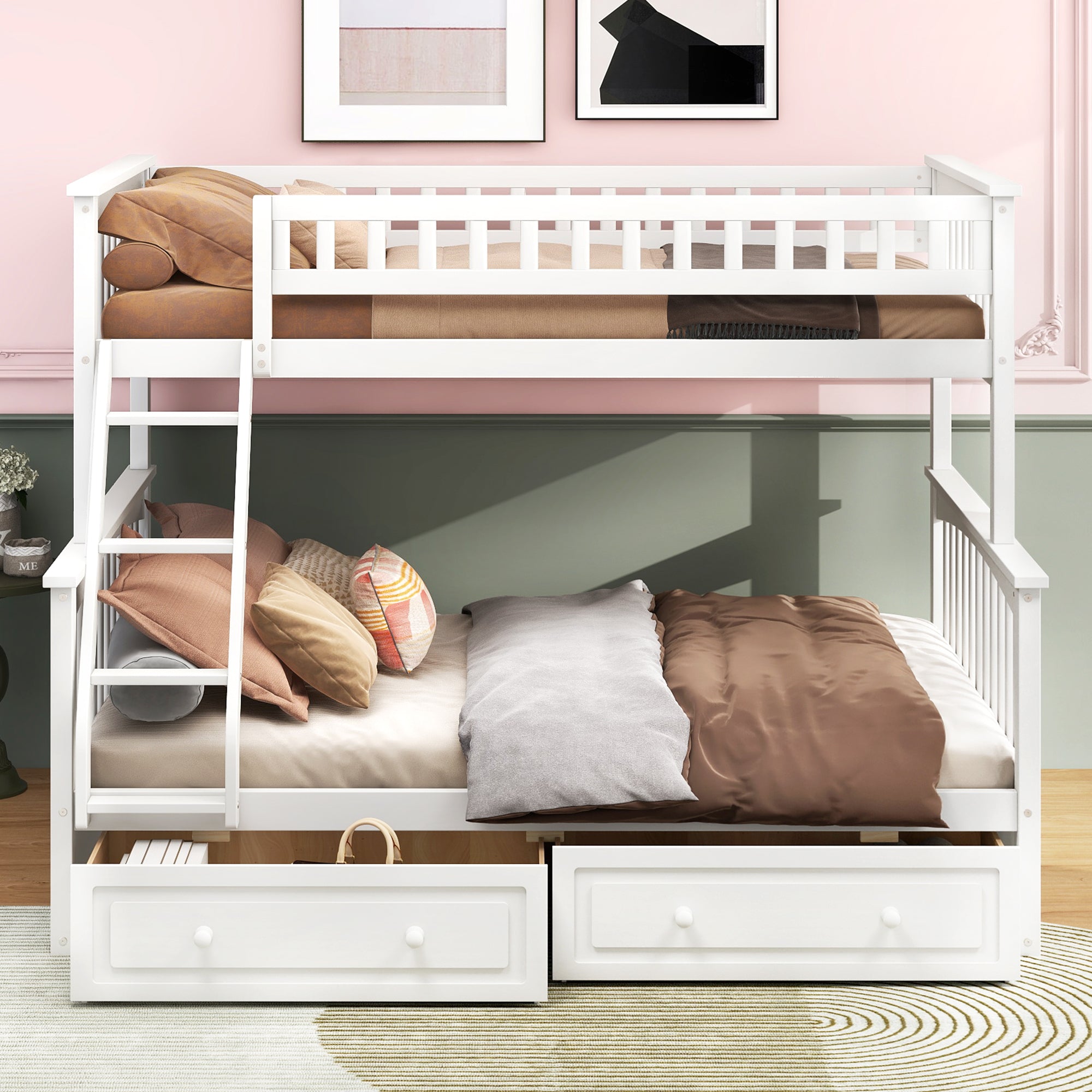Two storage drawers beneath full bunk bed
