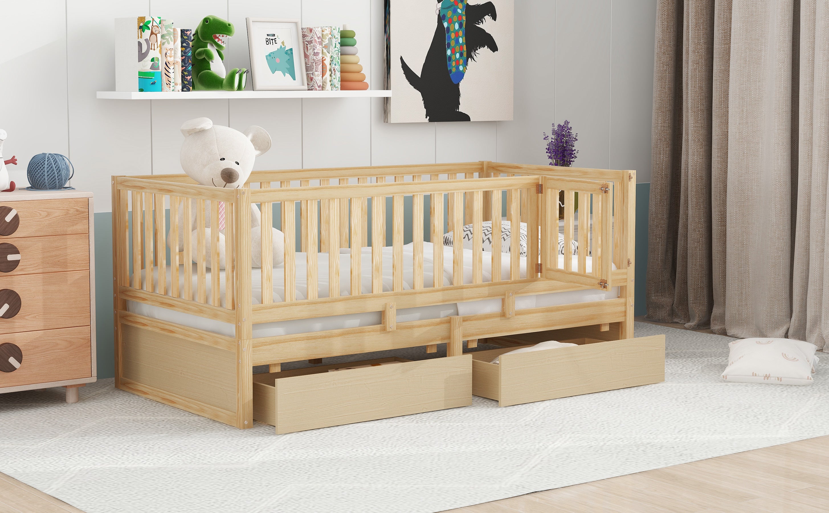 Twin Size Wood Daybed with Fence Guardrails and 2 Drawers, Split into Independent Floor Bed & Daybed, Natural(OLD SKU :LP000881AAN)