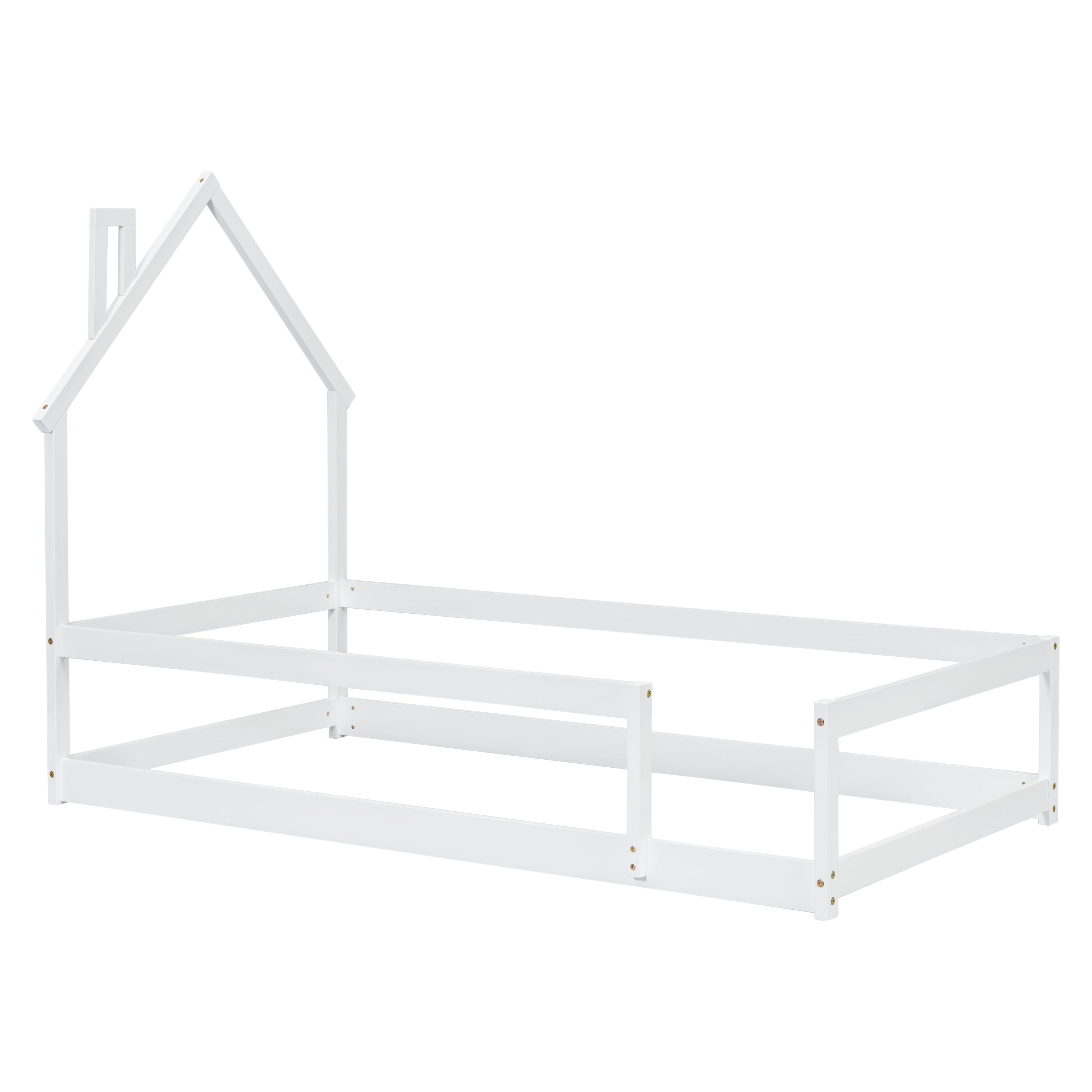 Twin Size Wood bed with House-shaped Headboard Floor bed with Fences,White