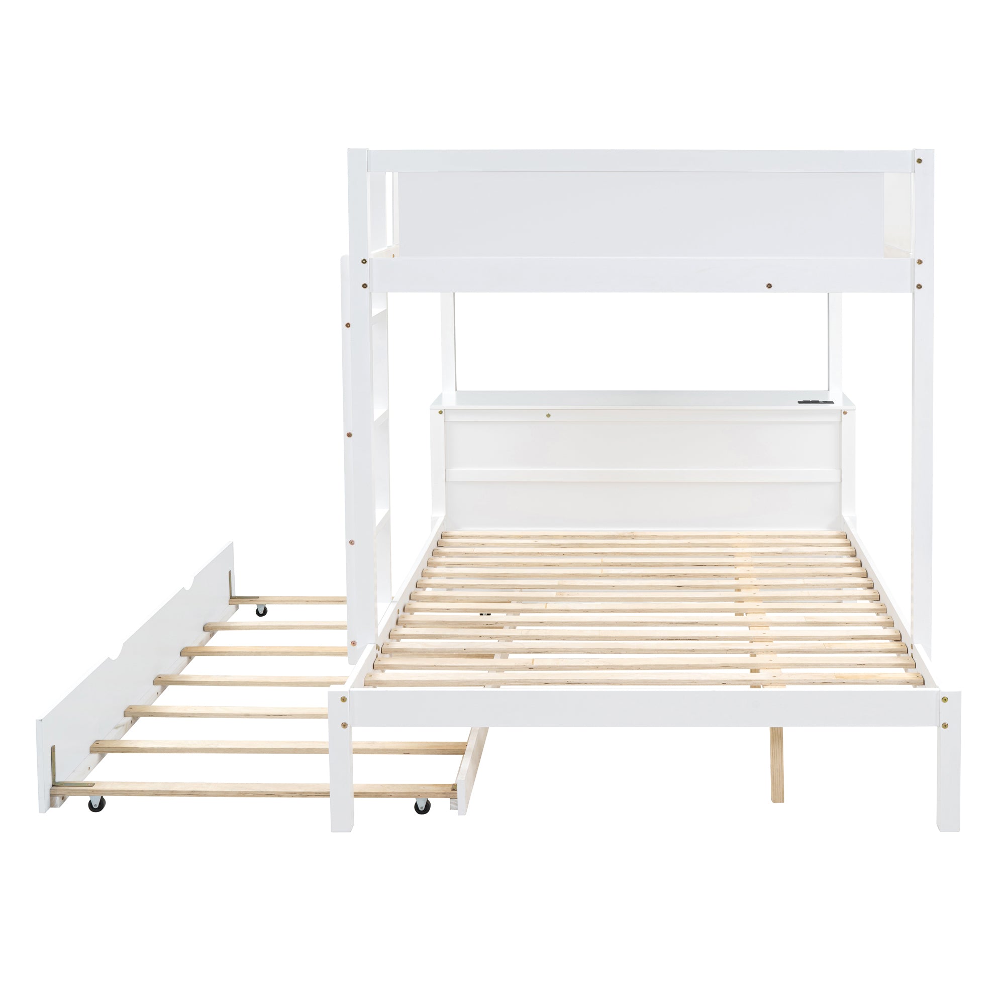 Full-Over-Full Bunk Bed with Twin size Trundle, Storage and Desk, White