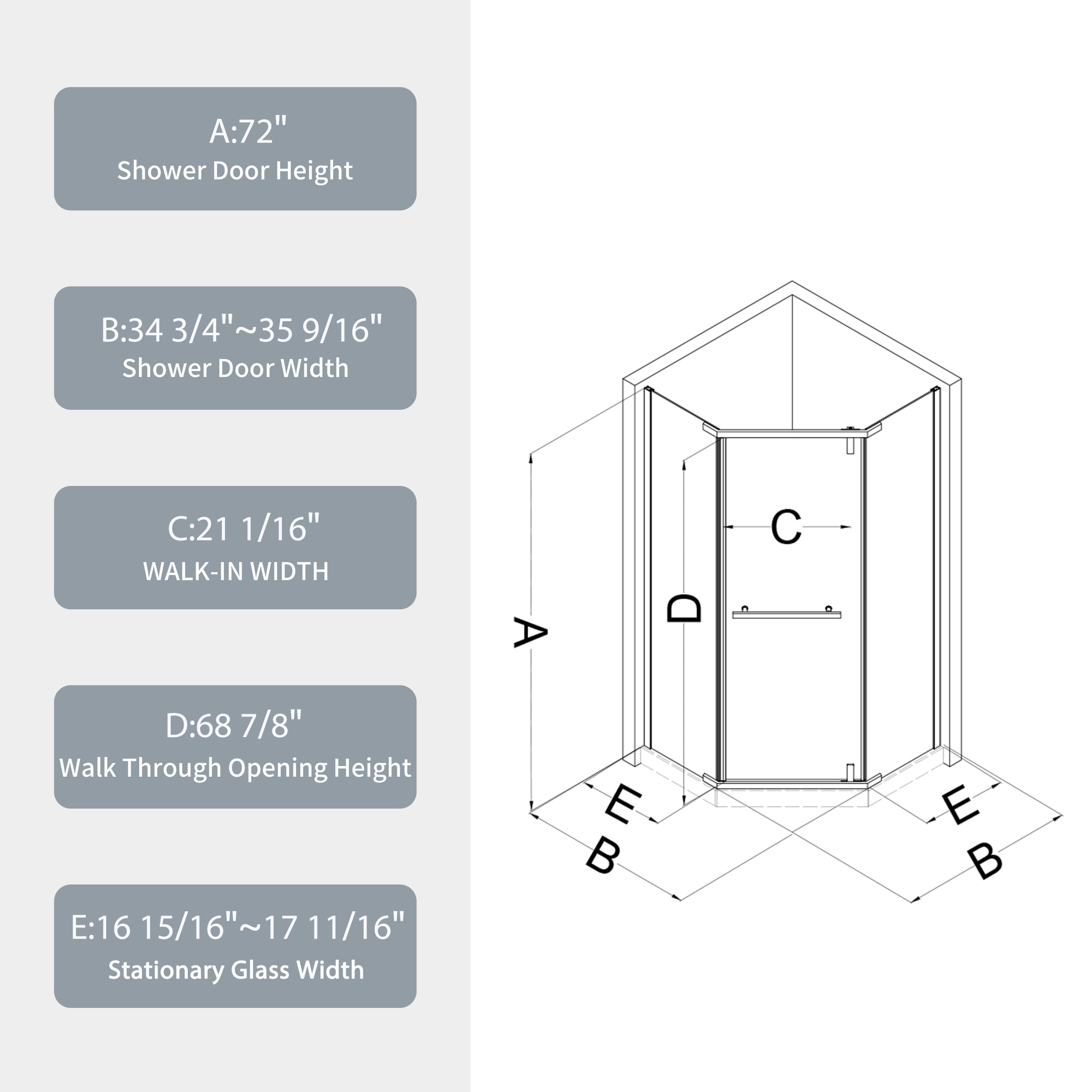 Pivot shower door, with 1/4" tempered glass , 34.75"W x 72"H Frameless Neo-Angle Pivot Shower Enclosure in Chrome.