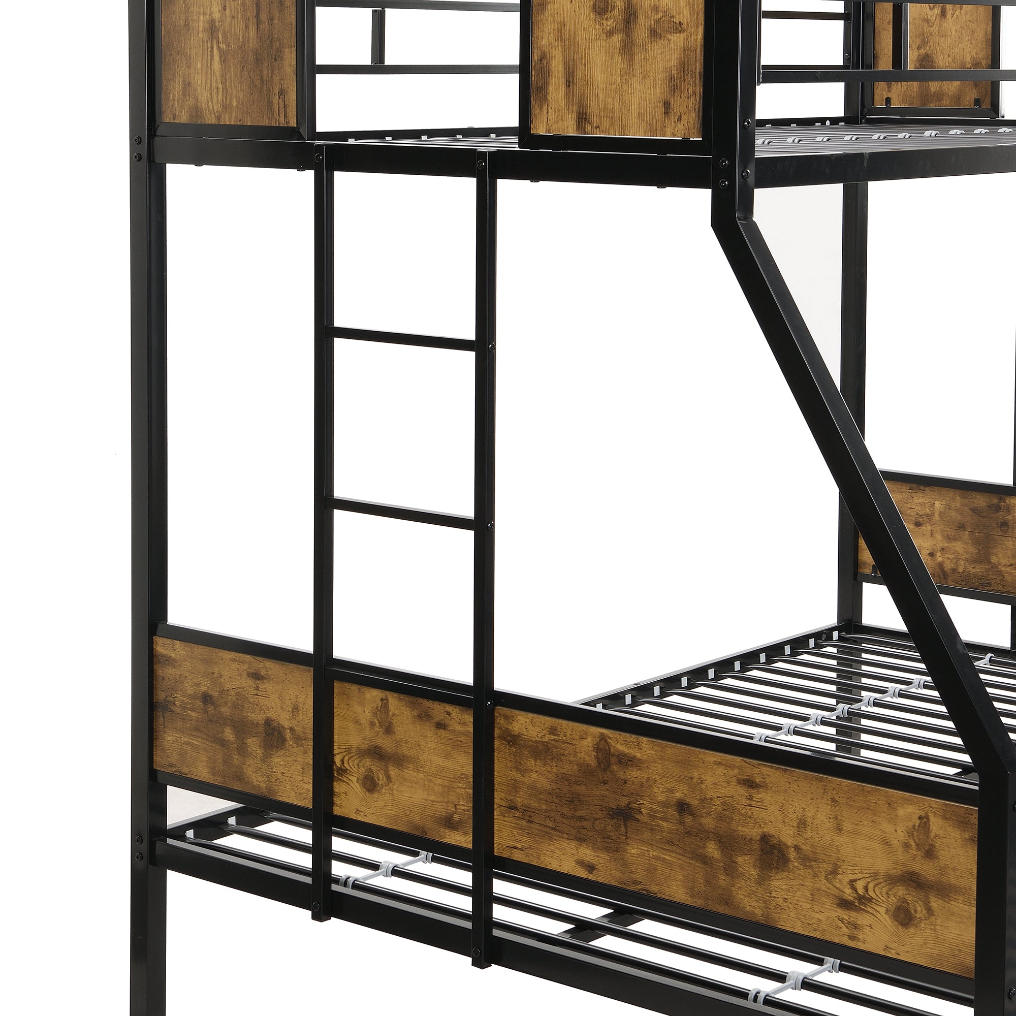 Twin Over FULL  Metal Bunk Bed  with Trundle  2 - Side Ladder and Full-Length Guardrail, No Box Spring Needed, Large Under Bed Storage, Easy Assemble , Black &  Brown