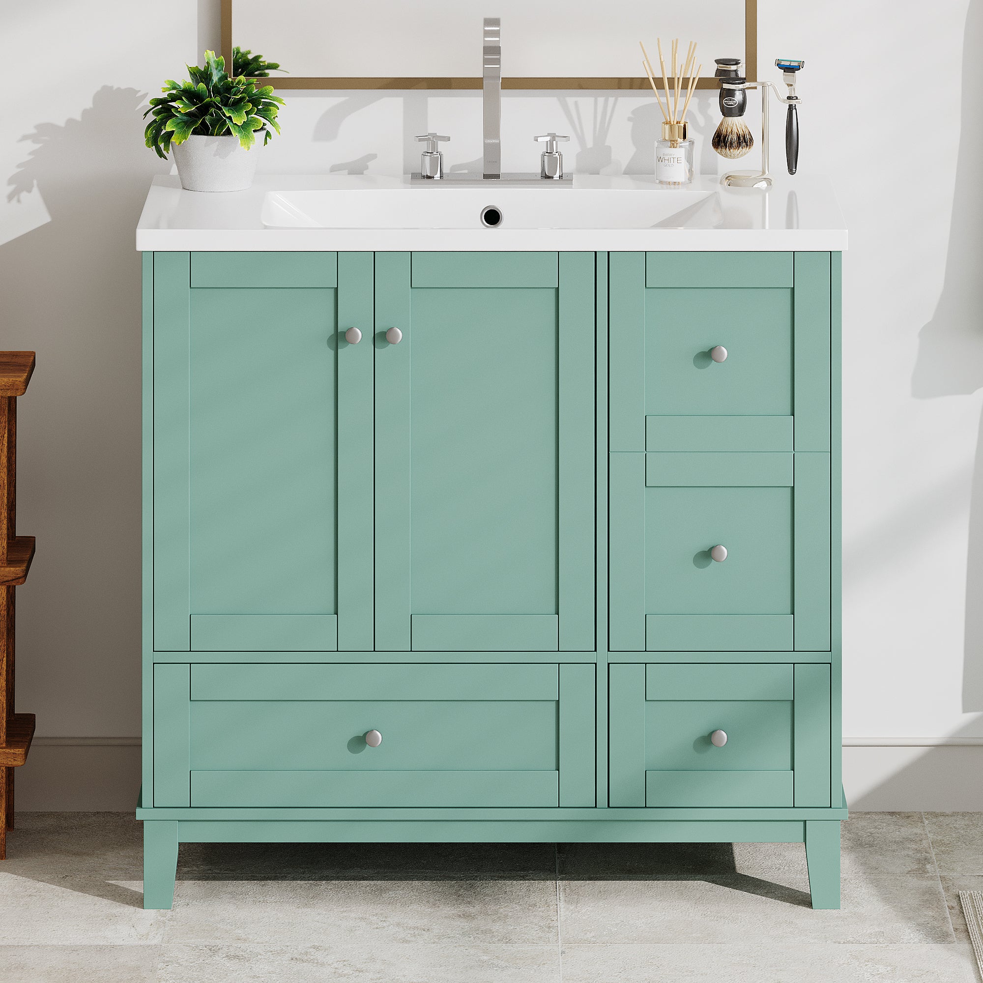 36 Inch Modern Bathroom Vanity with USB Charging, Two Doors and Three Drawers Bathroom Storage Vanity Cabinet, Small Bathroom Vanity cabinet with single sink , Green - Faucets Not Included