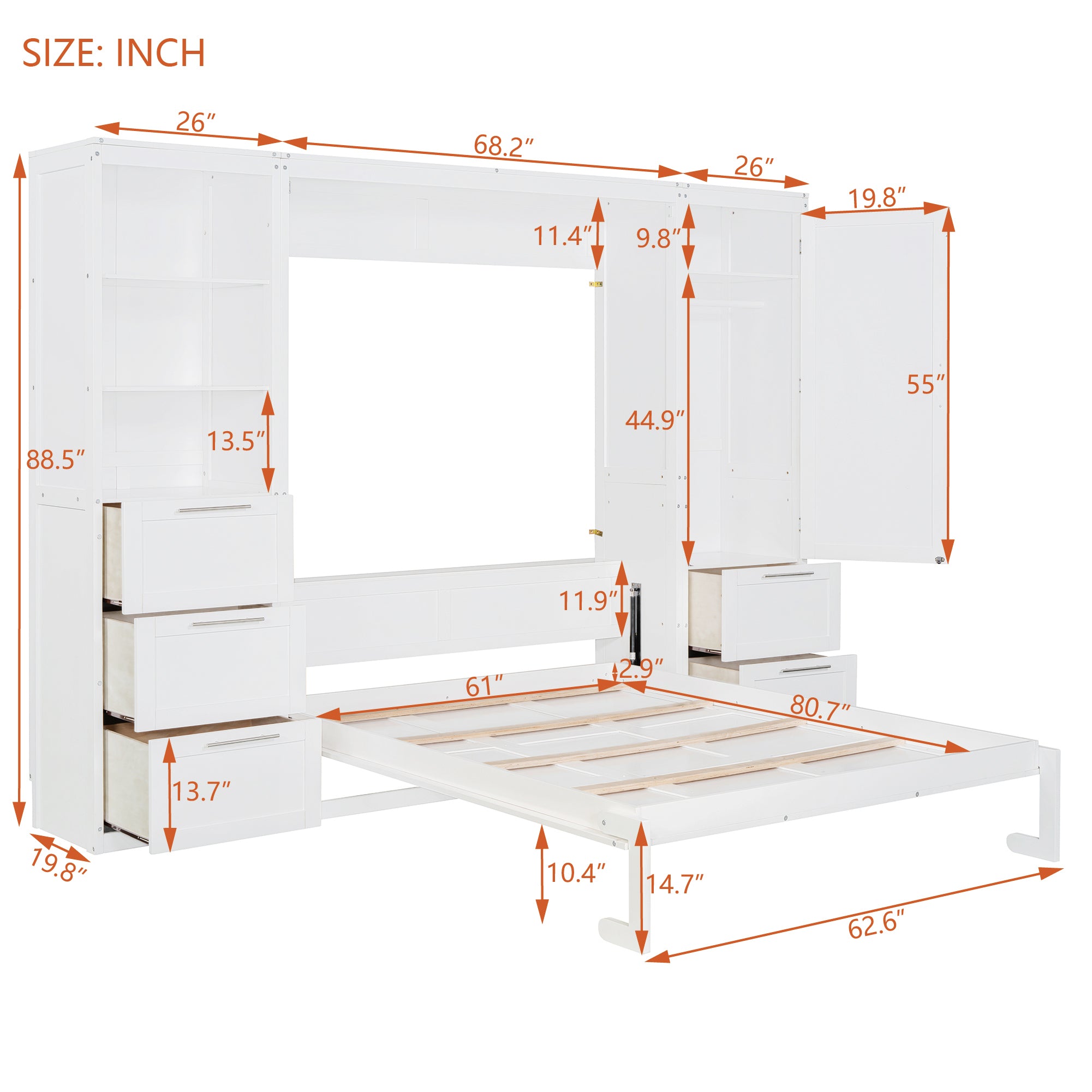 Queen Size Murphy Bed Wall Bed with Closet ,Drawers and Shelves,White