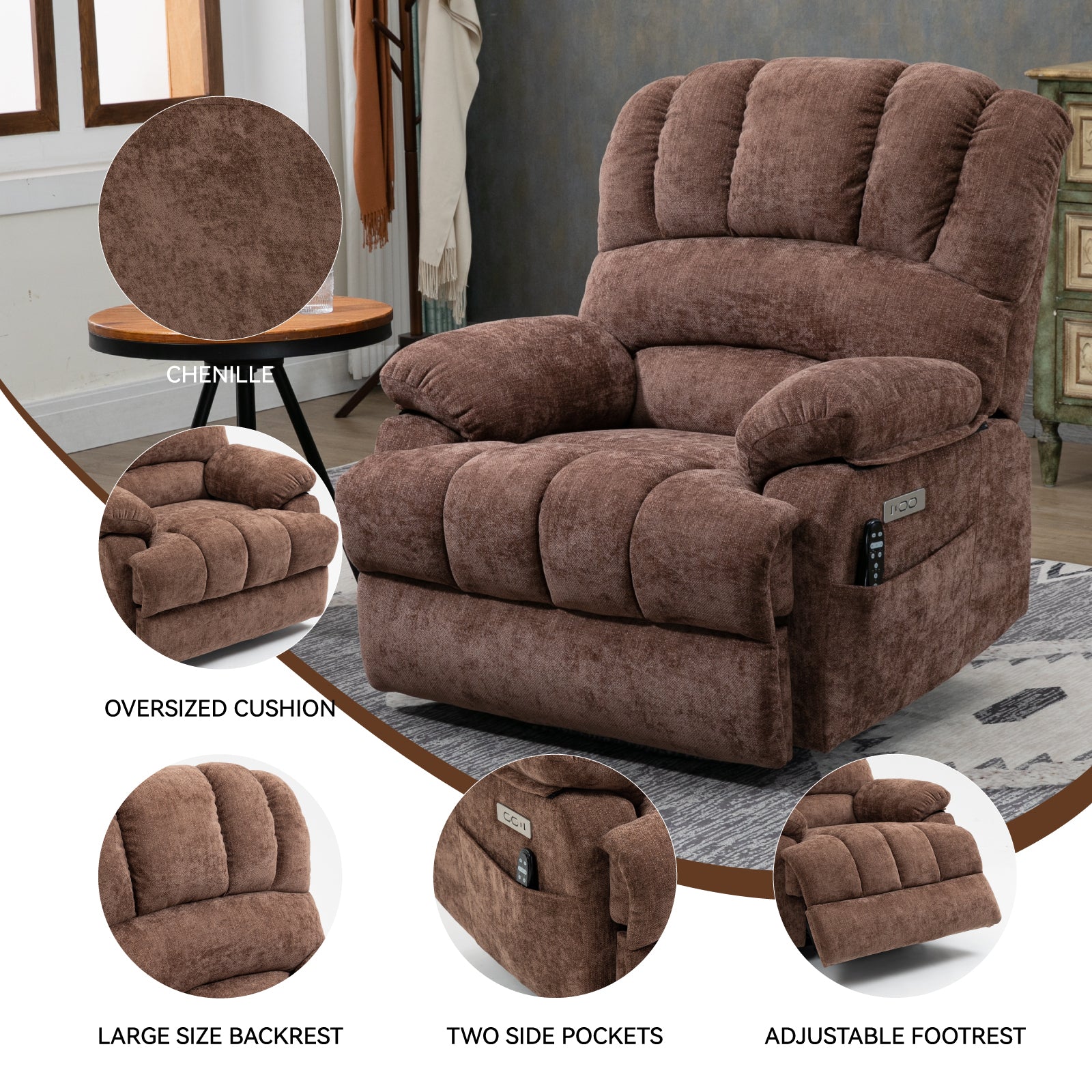 23" Seat Width and High Back Large Size Chenille Power Lift Recliner Chair with 8-Point Vibration Massage and Lumbar Heating, Brown