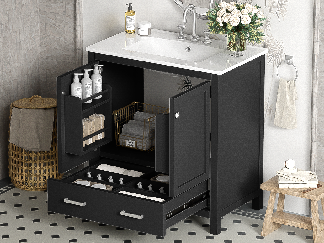 30" Black Bathroom Vanity with Single Sink, Combo Cabinet Undermount Sink, Bathroom Storage Cabinet with 2 Doors and a Drawer, Soft Closing, Multifunctional Storage, Solid Wood Frame