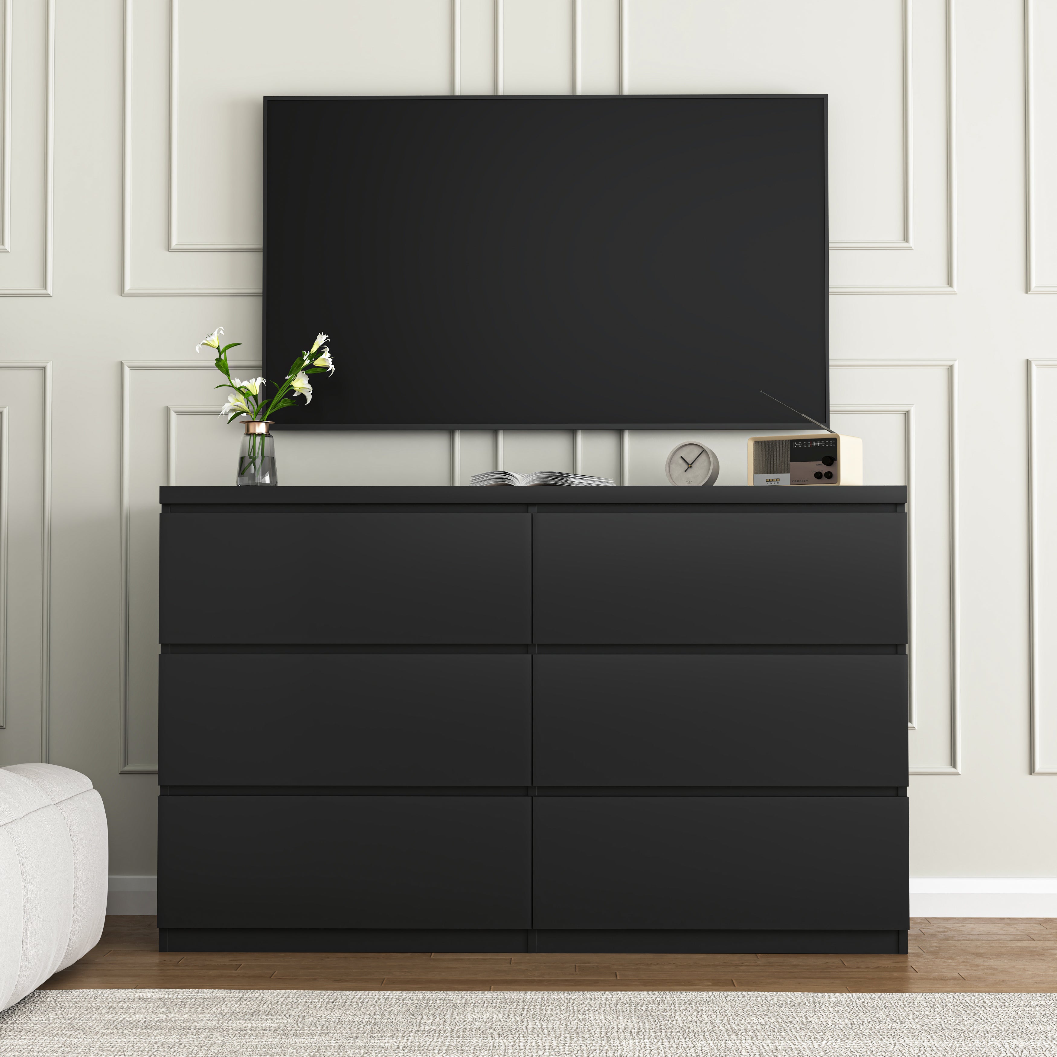 6-drawer wood storage tower dresser, angled view