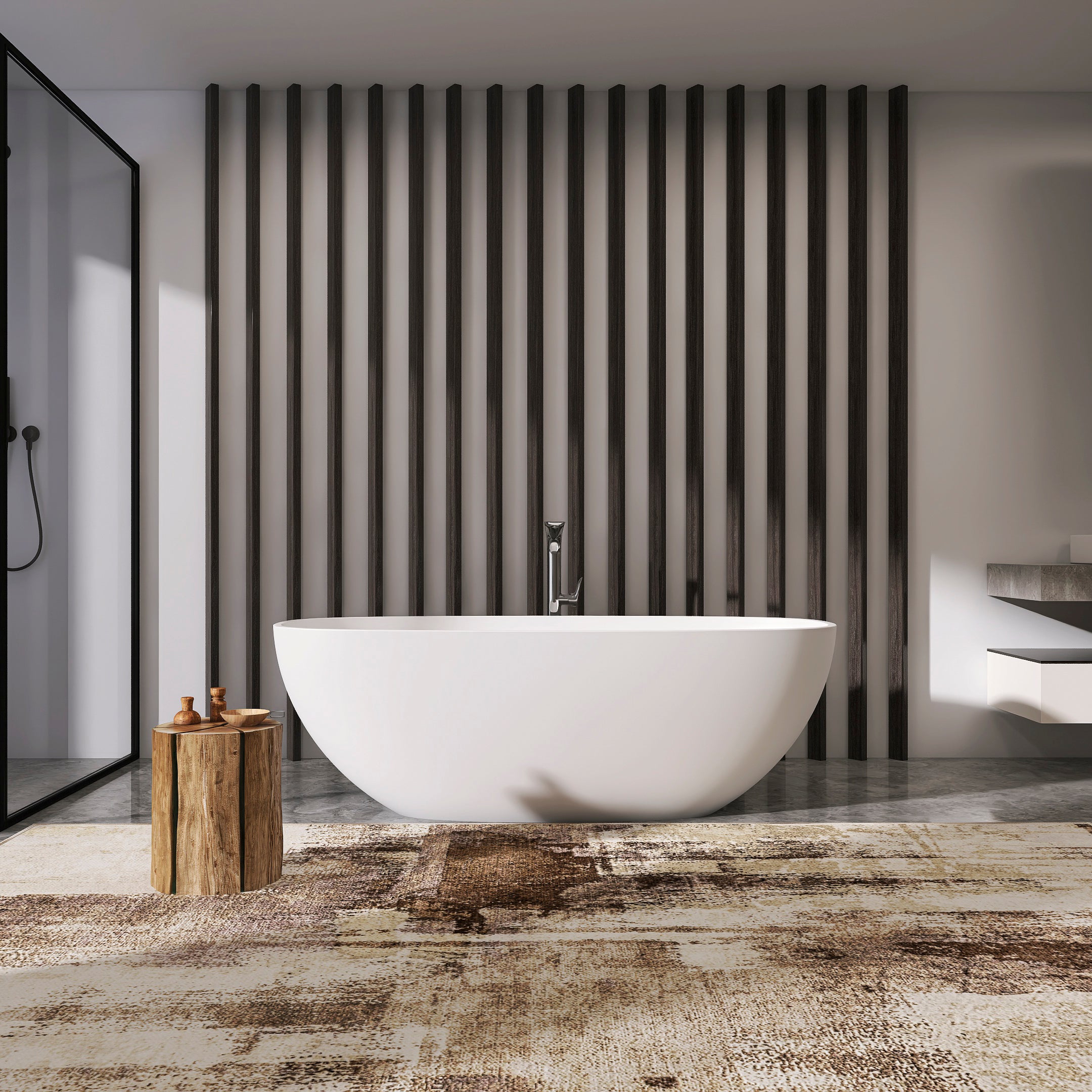 66.9 inch freestanding solid surface soaking bathtub, white, full front view