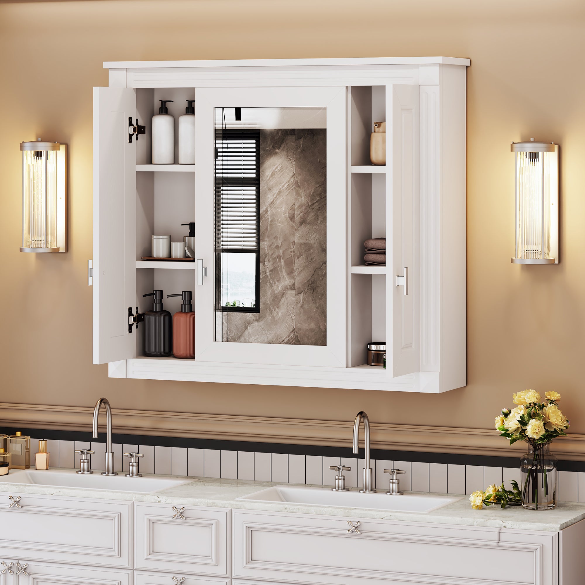 White wall mounted medicine cabinet interior storage shelves detail