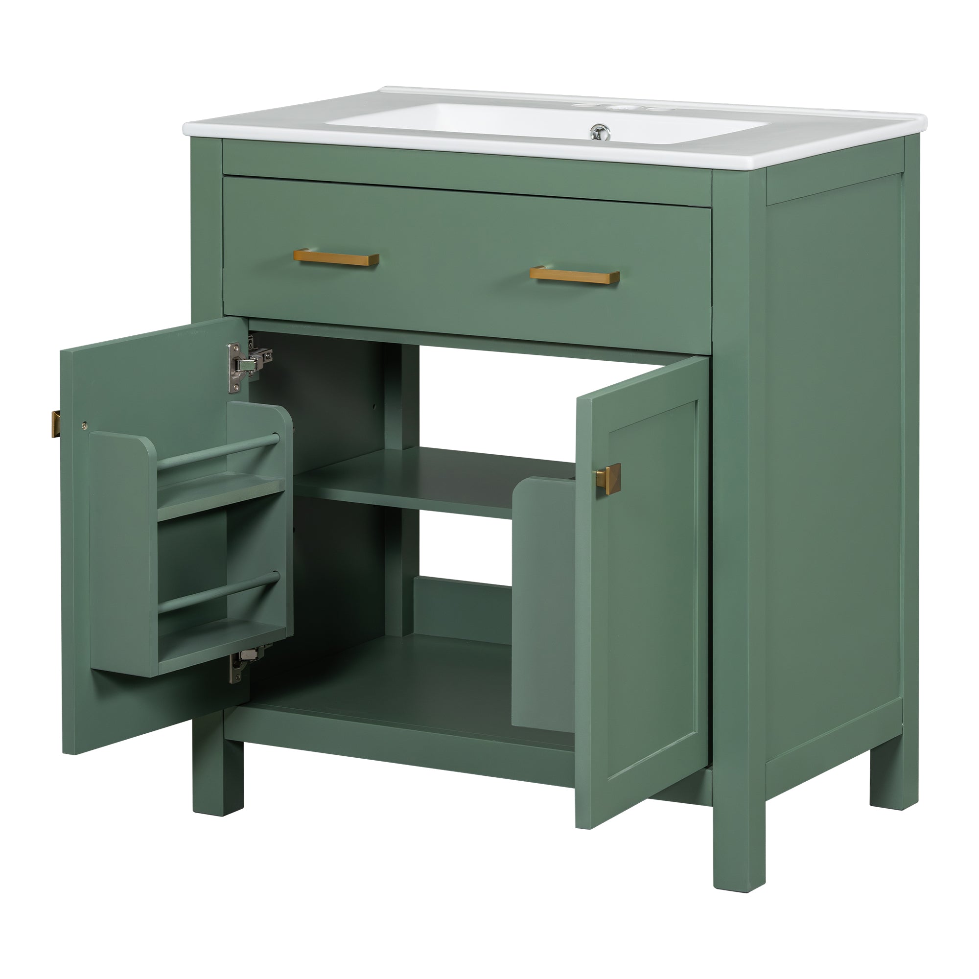 30-inch Bathroom Vanity with Ceramic Sink, Modern Green Single Bathroom Cabinet with 2 Doors and a Shelf, Soft Close Doors