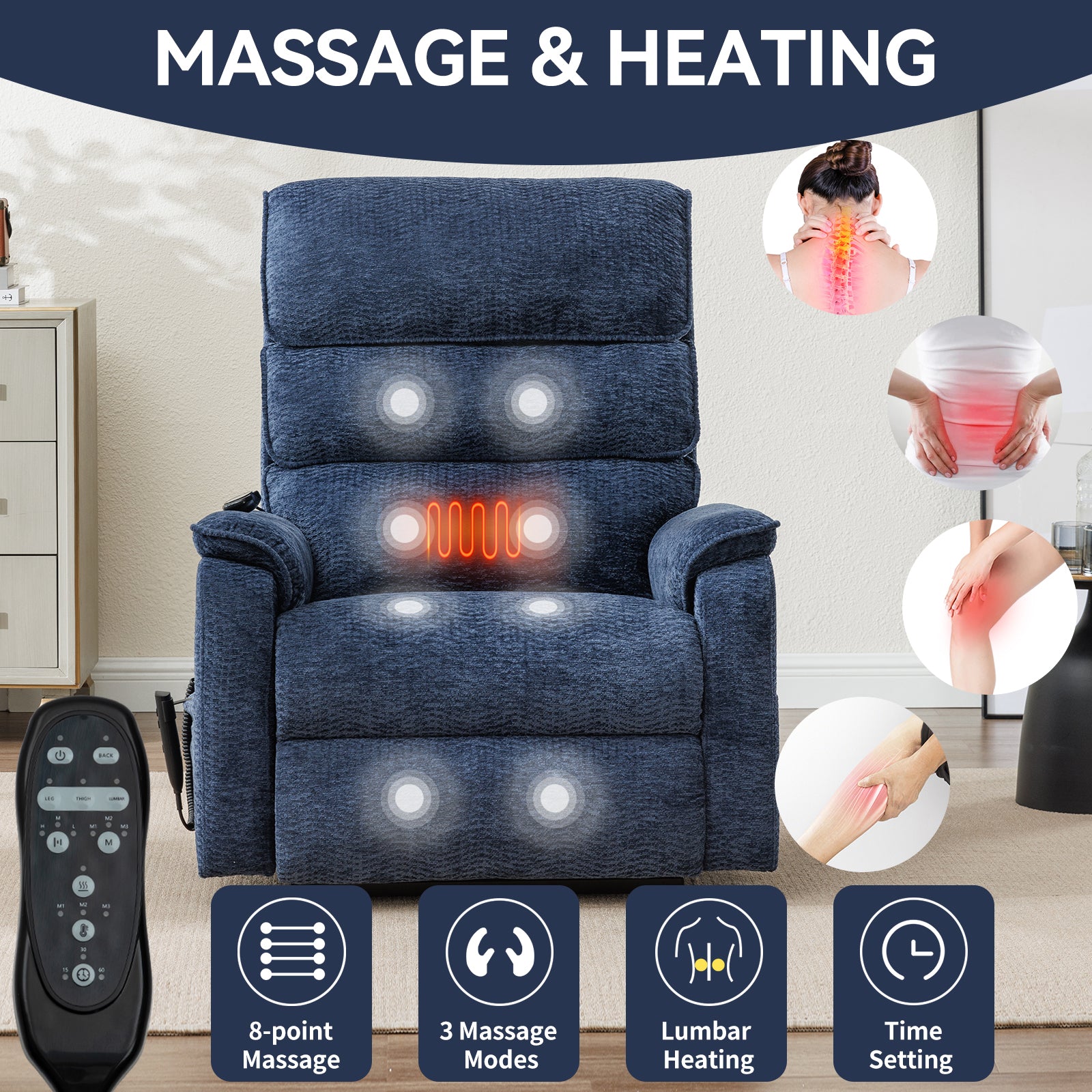 Blue Chenille Dual Motor Infinite Position Up to 350 LBS Power Lift Recliner Chair with Power-Remote, Heat Massage and Heavy Duty Motion Mechanism