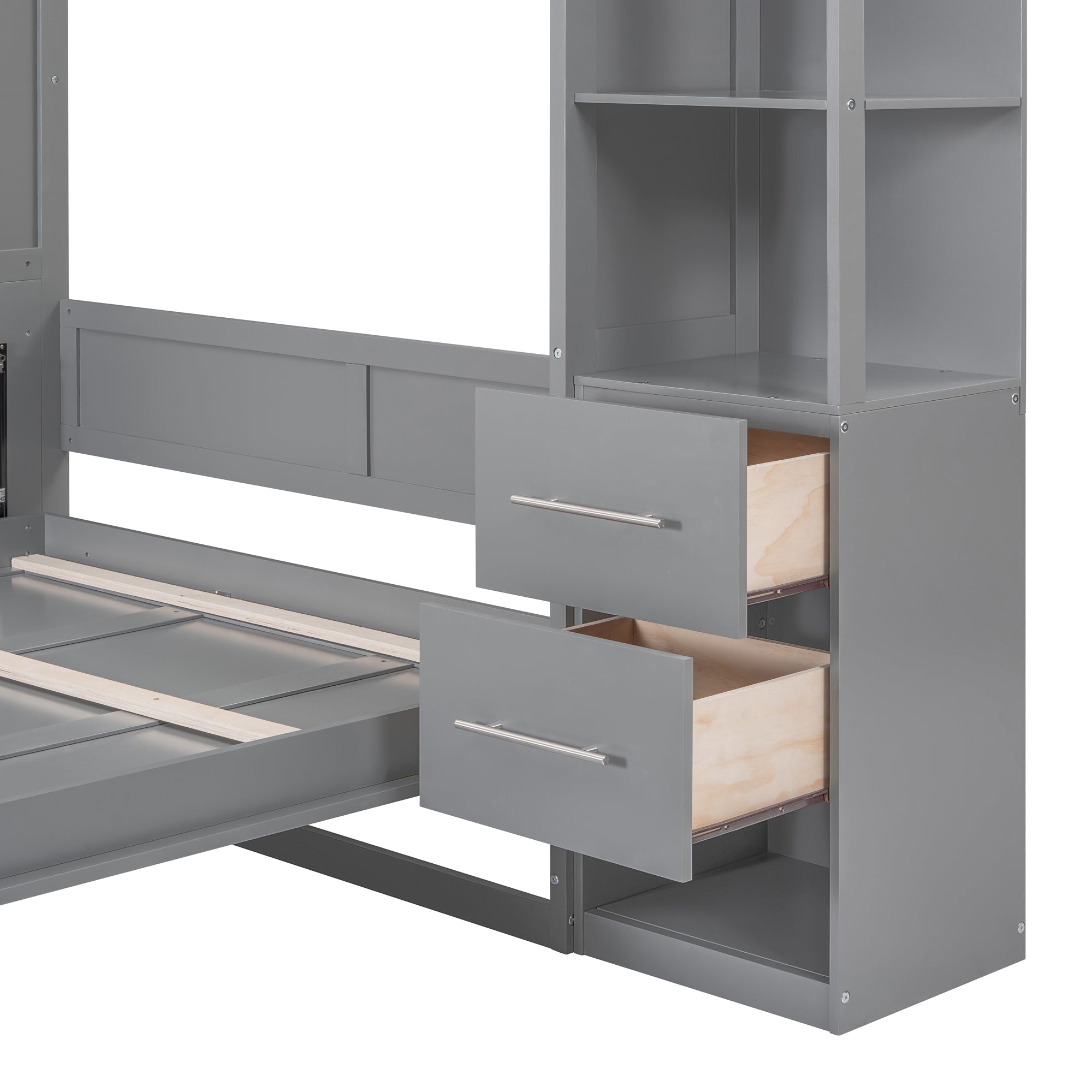 Queen Size Murphy Bed Wall Bed with Shelves, Drawers and LED Lights,Gray