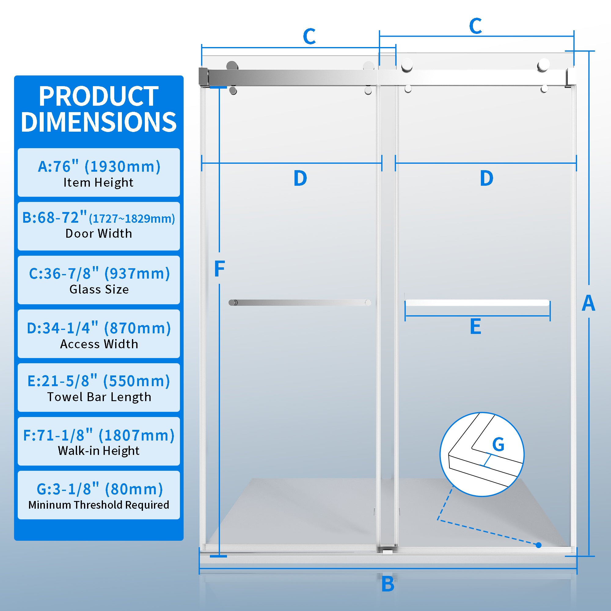 68-72"W × 76"H Double Sliding Frameless Shower Door With 3/8 inches (10mm) Clear Tempered Glass, Chrome Finish