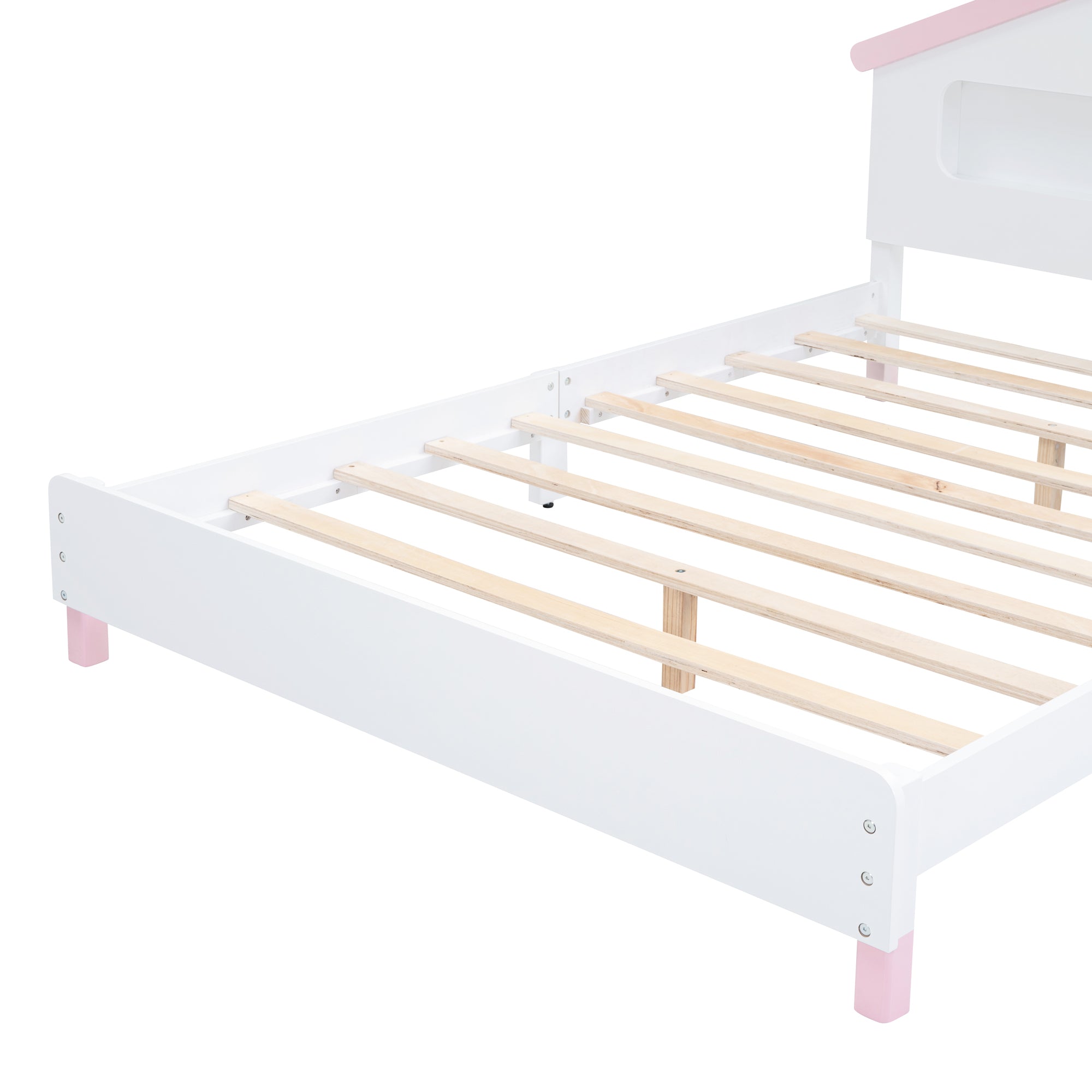 Full Size Wood Platform Bed with House-shaped Headboard and Motion Activated Night Lights (White+Pink)